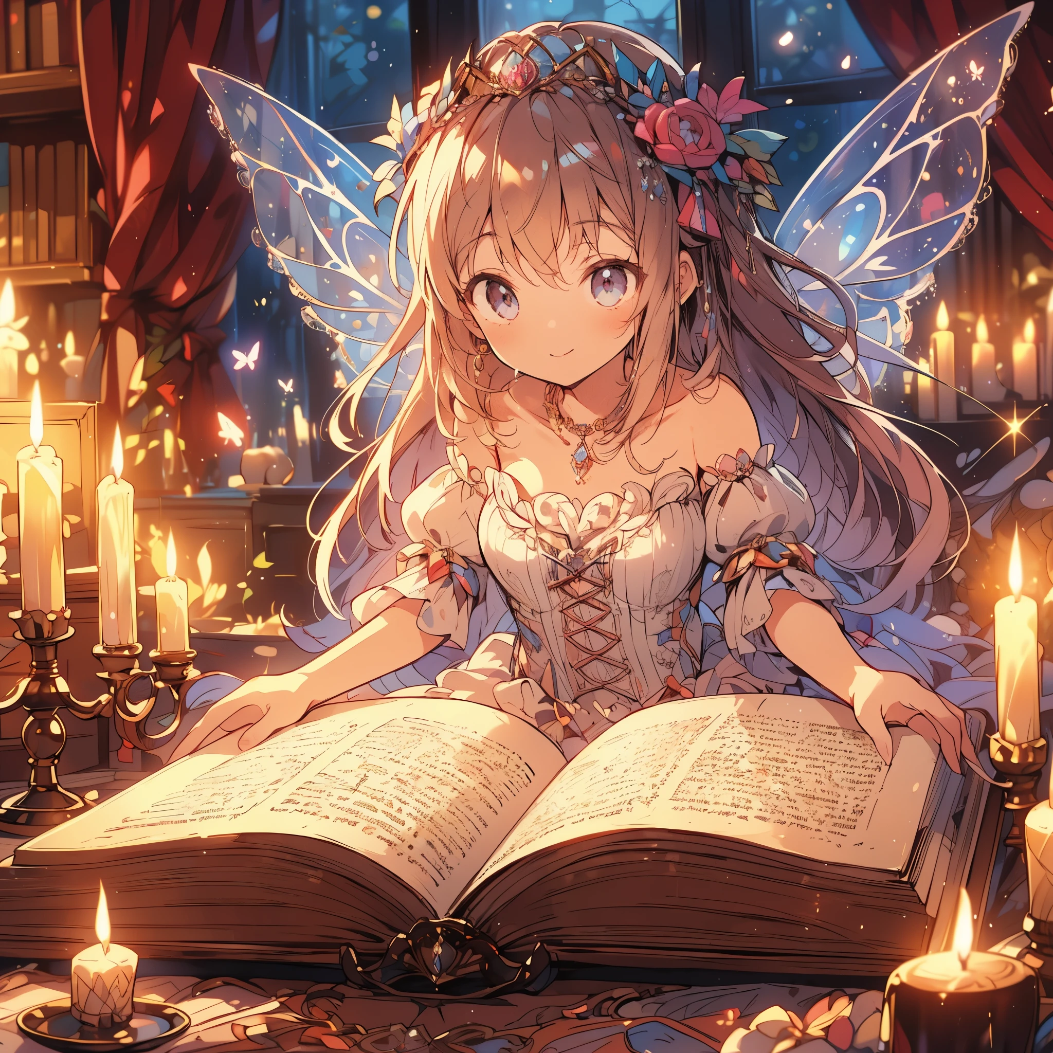 (A room in a fantasy world), (A fairy princess reads a book on a desk by candlelight.,Huge except for fairies,super huge book:1.2),(It has butterfly-like fairy wings.), (candle light),((super wide shot, Super wide angle of view, whole body)), ((Looks happy,smile,)), (medium hair:1.5), (tiara, earrings, Beautiful choker), ((white gloves,pastel colourの肩がふわふわのボー ルガウンドレス:1.1, Balloon sleeves,Jewels and white lace and frills, Fairy wings from the back)), (Light pink blush, plump pink lips,big bust,Fair skin, good style), (pastel colour,candle light, Bright colors)