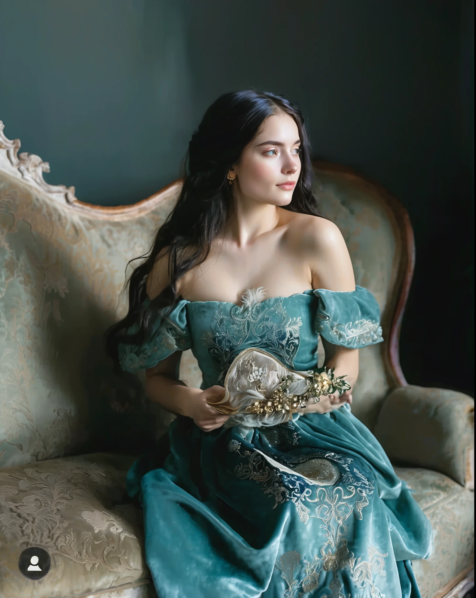 in a softly lit, richly textured interior reminiscent of the Middle Ages. Relaxing at ease on the couch. a young woman, a noble lady, in a flowing dress of luxurious azure velvet, decorated with embroidery. a gold wedding ring, black long hair topped with an elegant headdress, a diffused glow of natural light, a slight sly smile when looking at someone