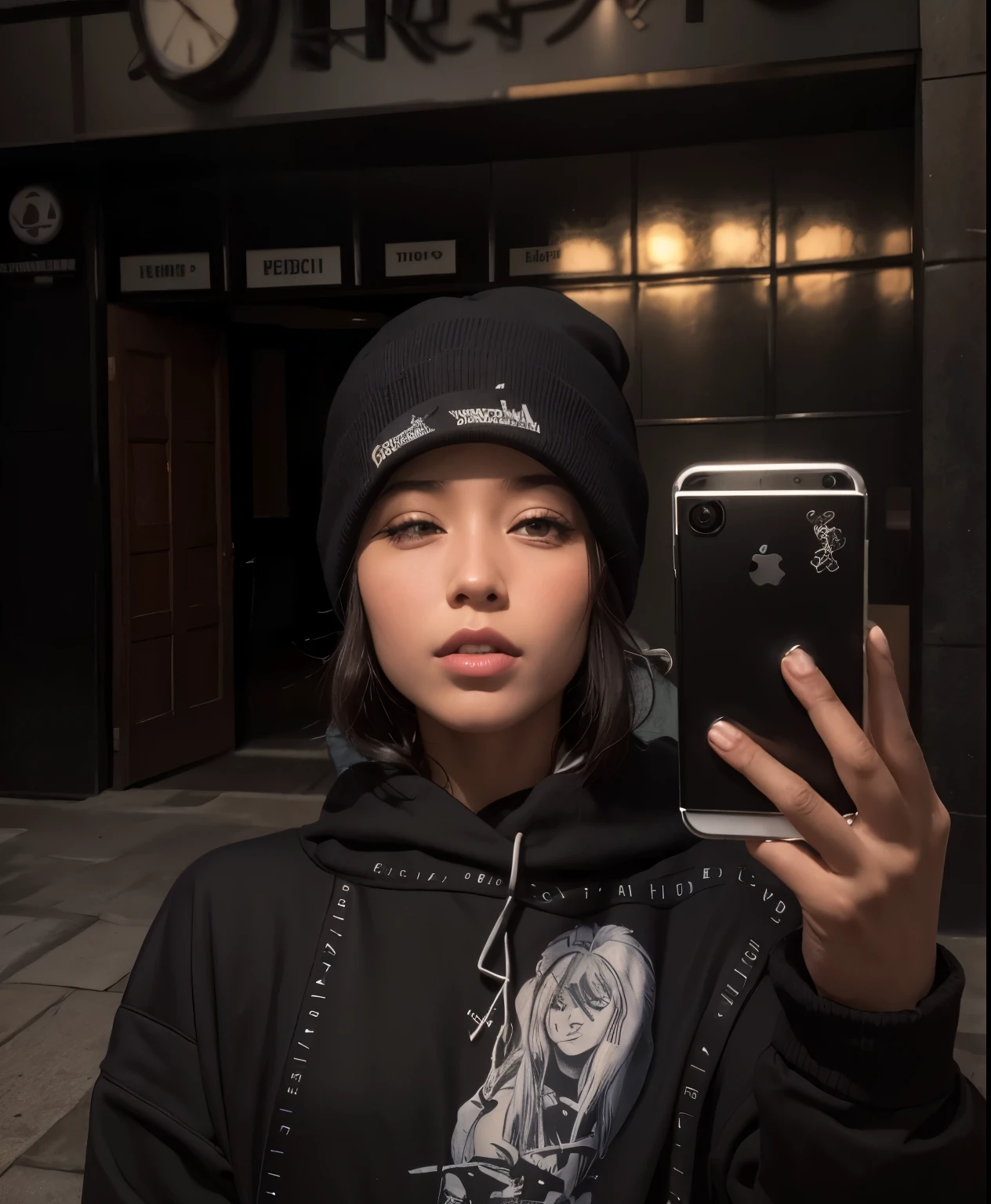mulher com cabelo loiro acobreado tirando uma selfie no espelho do banheiro, imagem de perfil, garota usando moletom, usando gorro, with black hat on head, selfie, she is wearing streetwear, em um moletom, 18 anos de idade.