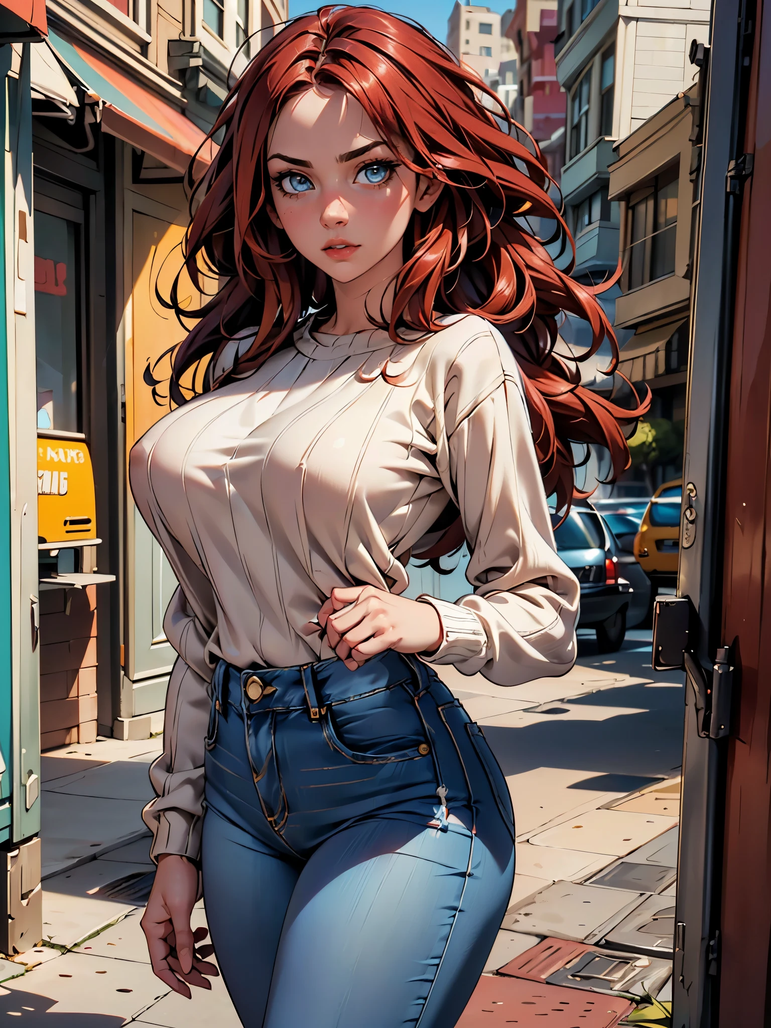 (((HD photo))), ultra high res.photorealistic:. 1.4, UHD, masterpiece, trending on artstation, portrait, upper body shot, 1girl, pretty, cute face, ((detailed face, detailed eyeost beautiful in the world, soft, delicate, (long red hair), large sagging breasts, slim waist, (wearing breton stripe jumper, jeans, hires textures, intricate details), sunkissed, San Francisco city