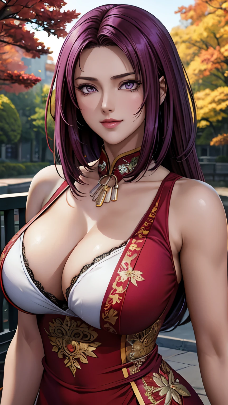 purple eyes, (highest quality, masterpiece painting:1.3), mature woman, 20 years old, (half body shot), masterpiece, ultra high resolution, (Photoreal:1.0), purple hair, beautiful shining hair, white and shining skin, ((Ultra realistic details)), octane rendering, highly detailed face, (big breasts:0.8),(sexy and cute cheongsam,red and white contrast outfit,delicate decoration:1.2), open neckline, (necklace:1.0),cleavage, perfect body, soft skin, anime face, perfect face, perfect eyes, looking at the viewer, smart, Under autumn leaves tree background, Autumn leaf petals are falling, outdoors,shrine, sharp focus, intricate details, professional artwork, (bright colors:1.1), bright colors, diffused lighting, digital blending, ultra-definition body, ultra detail hair, super detailed face, that&#39;It&#39;s trending on pixiv, top button open, Cute gaze, compensate, perfect lips, perfect compensate, Ultra-precision coating, (light_smile:1.0), (Very embarrassed:0.8),