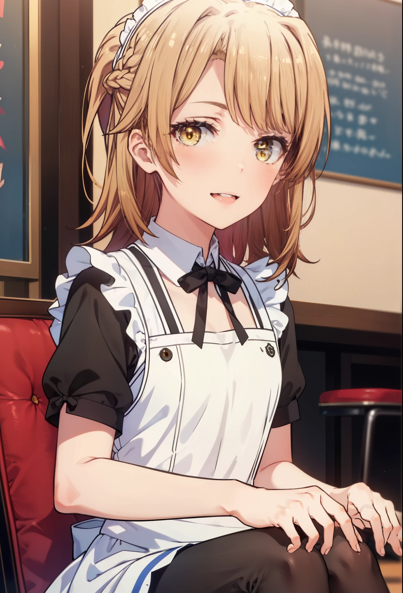 irohaisshiki, iroha isshiki, long hair, brown hair, (brown eyes:1.5), Smile, smile, open your mouth,short braided hair,ponytail,blush,smile,Maid clothes,Medium chest,she was wearing a miniskirt, black pantyhose, sitting cross-legged on a chair,So that the whole body goes into the illustration,
break indoors, coffee shop,
break looking at viewer,
break (masterpiece:1.2), highest quality, High resolution, unity 8k wallpaper, (shape:0.8), (fine and beautiful eyes:1.6), highly detailed face, perfect lighting, Very detailed CG, (perfect hands, perfect anatomy),