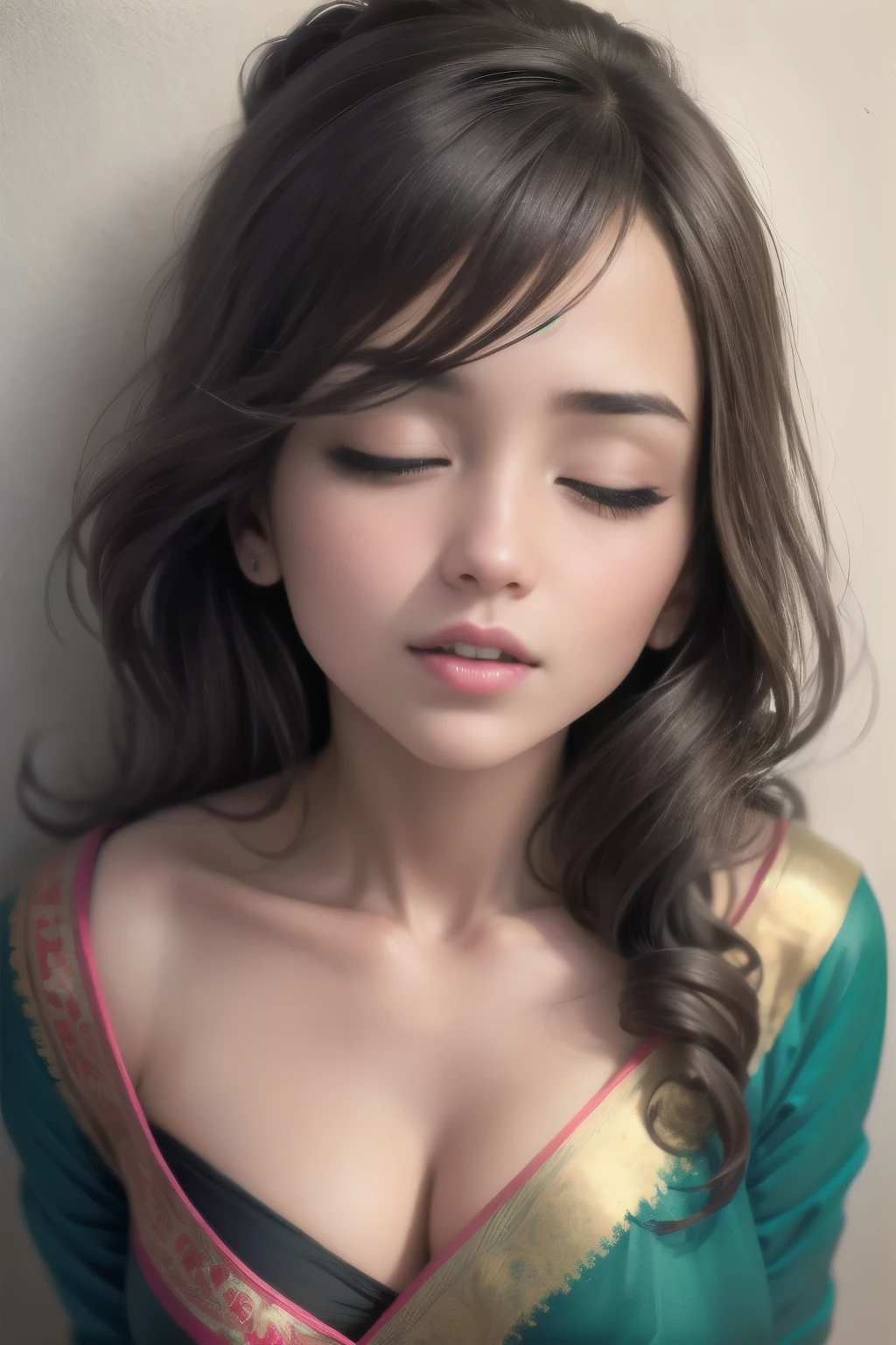 sexy woman, intense gaze, seductive expression, flawless complexion, mesmerizing eyes, luscious lips [sexy, attractive], voluminous hair, neatly styled, flowing locks [60:1.1/40:0.9], sultry attire, blue saree [sexy, eye-catching, vibrant], low-waist saree [figure-hugging, revealing], skin-tight blouse [revealing], detailed embroidery, pinned against the wall, intimate setting [passionate, romantic], soft lighting, shadows and highlights [atmospheric, dramatic], blush on cheeks [rosy, flushed], intense eyeliner [bold, exaggerated], bold lashes [long, voluminous], seductive lipstick [deep red, glossy], anticipation of a kiss, passionate atmosphere [intimacy, desire]. (best quality, highres, ultra-detailed, realistic:1.37), attractive woman, seductive pose, alluring expression, sexy saree, captivating gaze, intense blush, glamorous hair, pinned against wall, ready to kiss.