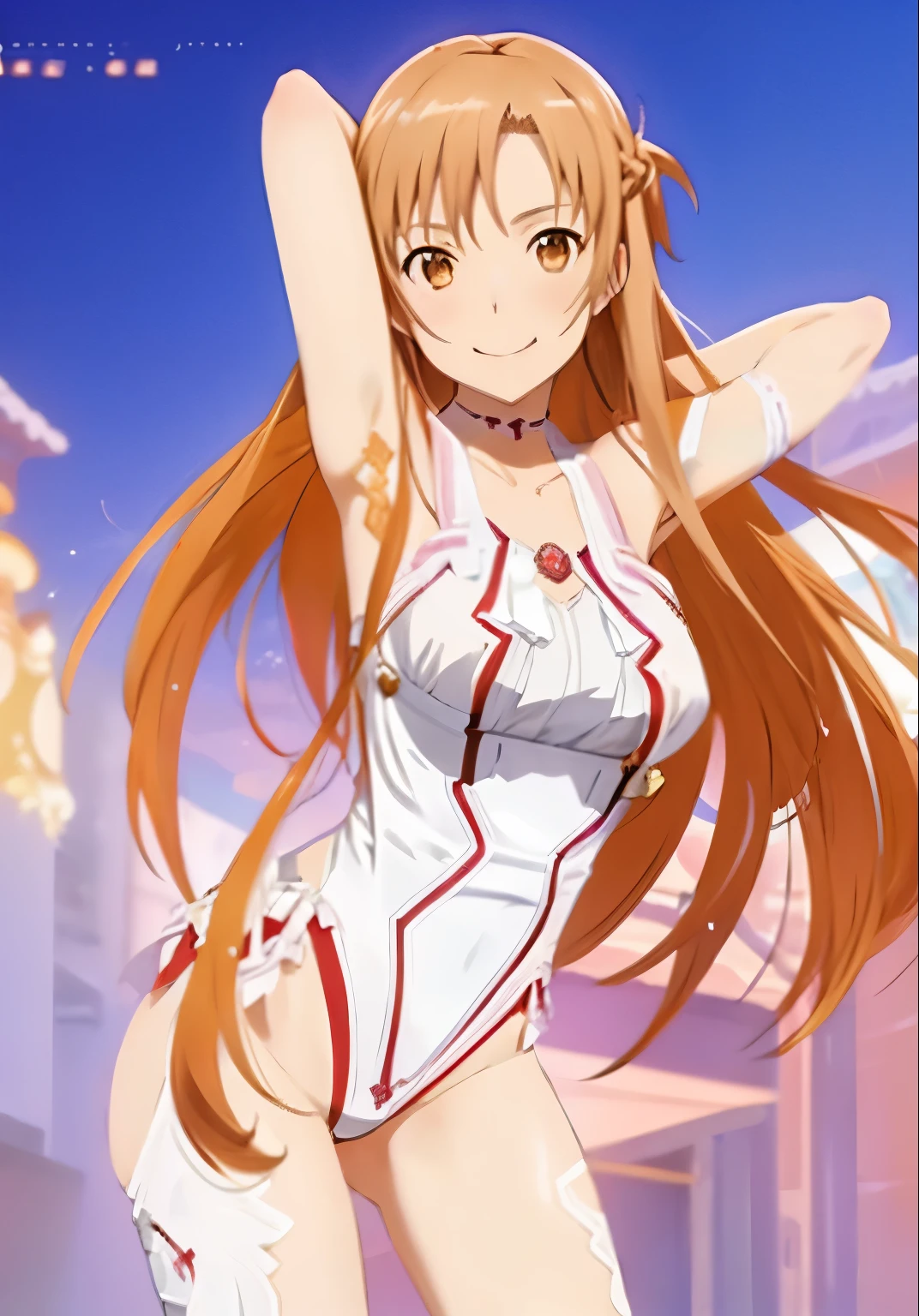 1girl,asuna yuuki,brown eyes,brown hair ,closed mouth,collarbone,medium breasts ,long hair,looking at viewer,navel,lingerie, solo, smiling,very long hair, background,