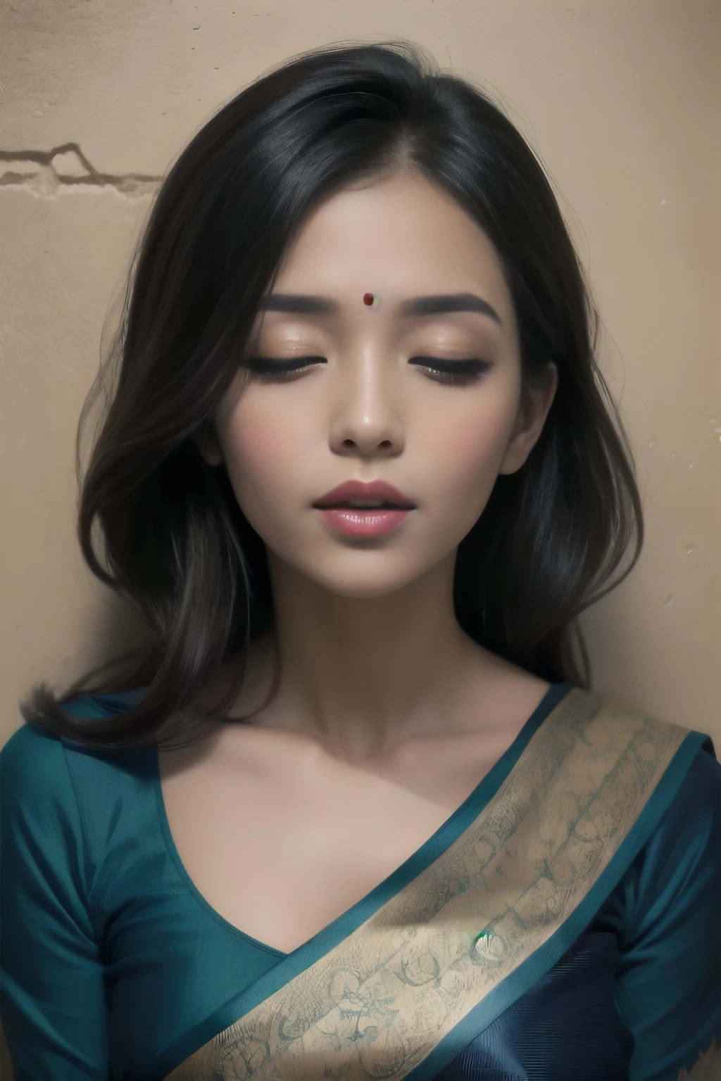 sexy woman, intense gaze, seductive expression, flawless complexion, mesmerizing eyes, luscious lips [sexy, attractive], voluminous hair, neatly styled, flowing locks [60:1.1/40:0.9], sultry attire, blue saree [sexy, eye-catching, vibrant], low-waist saree [figure-hugging, revealing], skin-tight blouse [revealing], detailed embroidery, pinned against the wall, intimate setting [passionate, romantic], soft lighting, shadows and highlights [atmospheric, dramatic], blush on cheeks [rosy, flushed], intense eyeliner [bold, exaggerated], bold lashes [long, voluminous], seductive lipstick [deep red, glossy], anticipation of a kiss, passionate atmosphere [intimacy, desire]. (best quality, highres, ultra-detailed, realistic:1.37), attractive woman, seductive pose, alluring expression, sexy saree, captivating gaze, intense blush, glamorous hair, pinned against wall, ready to kiss.