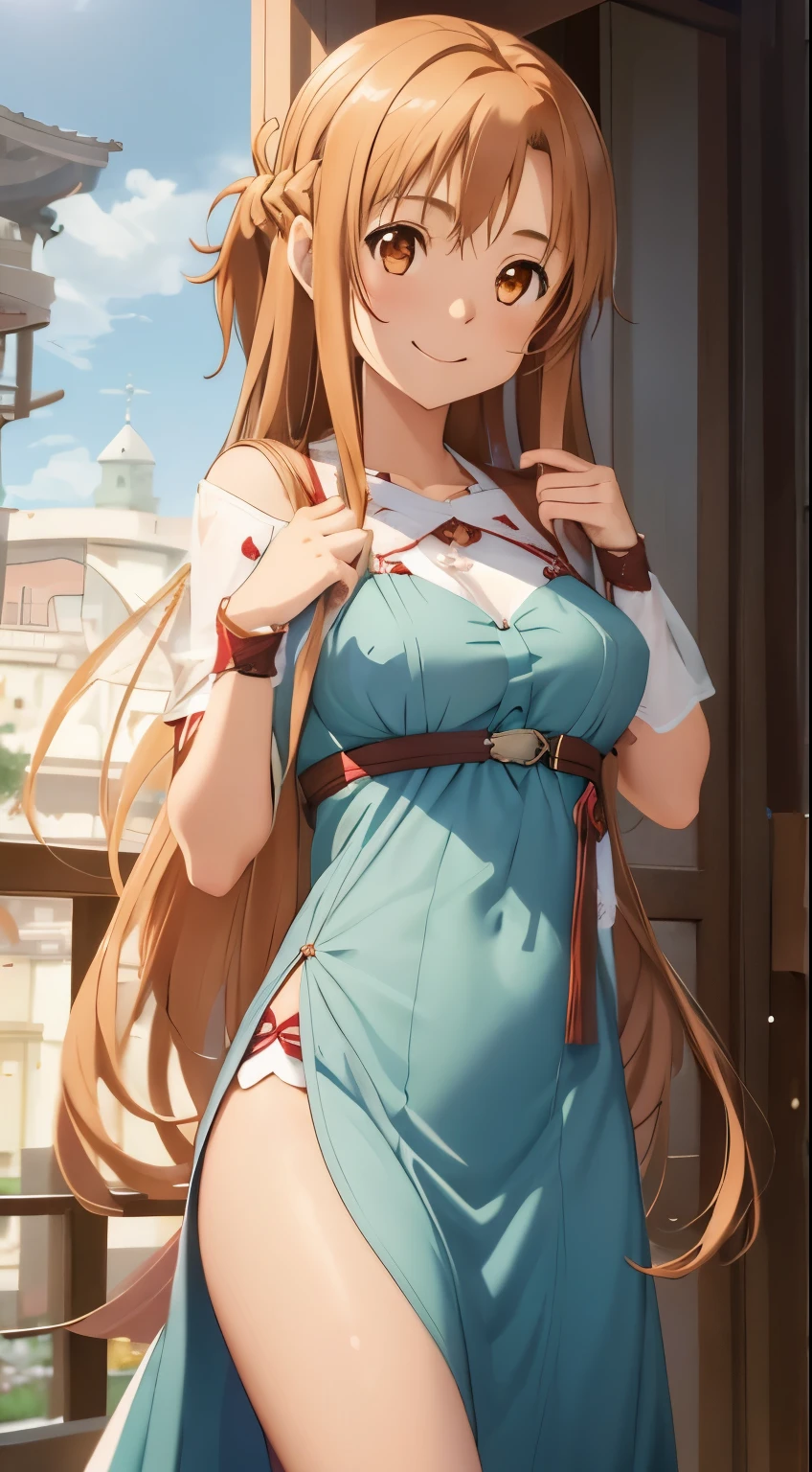 1girl,asuna yuuki,brown eyes,brown hair ,closed mouth,collarbone,medium breasts ,long hair,looking at viewer,navel,lingerie, solo, smiling,very long hair, background,