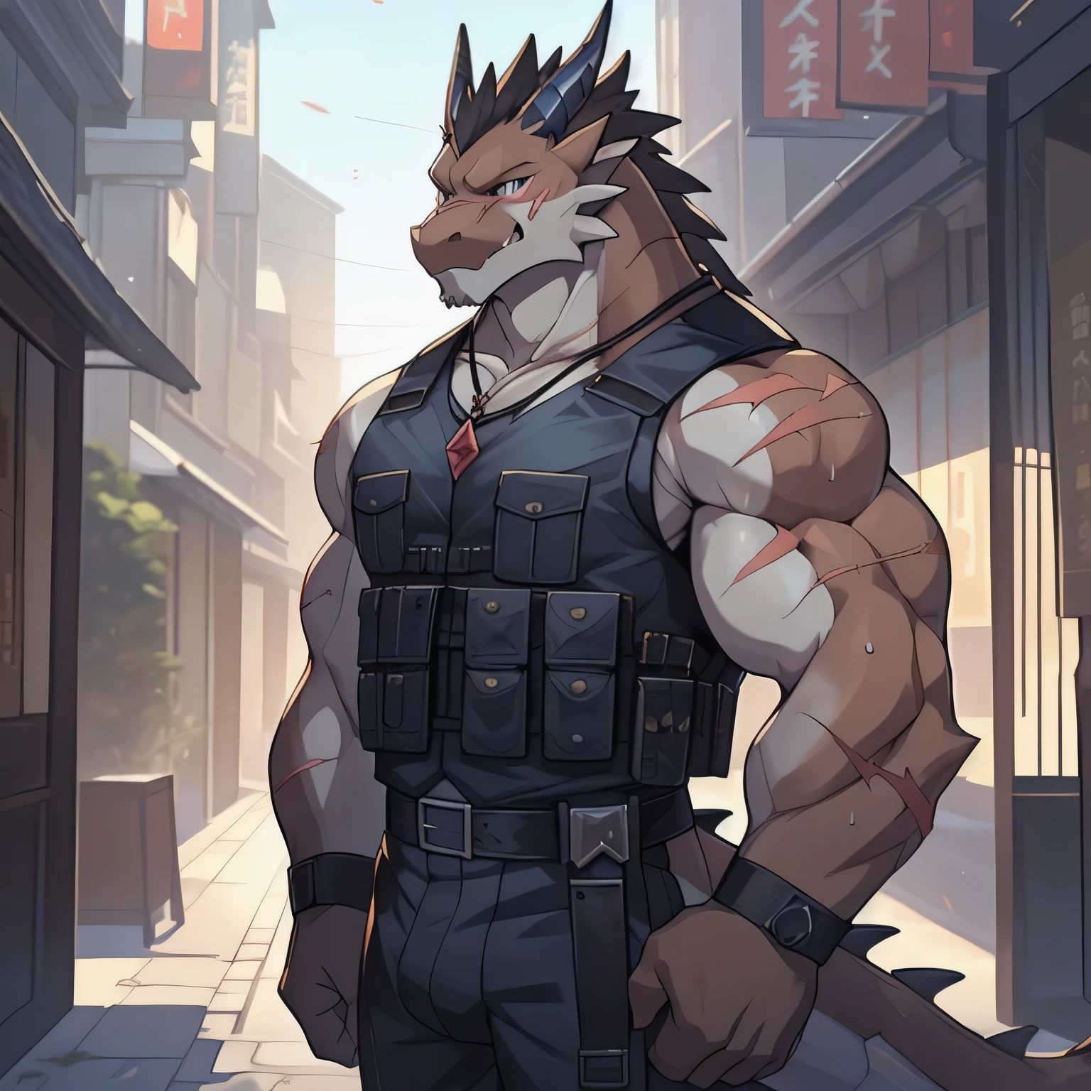 (black dragon),black fur, two colors, Scars on the face, With sunglasses on his head,Necklace hanging around the neck,(muscular body:1.3), There is a scar on the face, Handsome,side,(Scars on the face), on the street,(Express),(city background),(There is a scar on the face:1.2),(dragon horn),(Dragon tail),perfect masterpiece,(16K),whole body衣服,alone,((Strong)),(military uniform),(Holding a rifle in hand),(dick:1.2),Perfect proportion,serious expression,sweat,(Holding a rifle in hand:1.5),(hand:1.3),(Holding a rifle in hand.:1.2),(Vision:1.5),(whole body:1.8),Strong,muscle,with dragon wings,bi-winged,more details,CG,(dragon), torso,((Holding a rifle in hand)), (Bulletproof vest)),serious expression