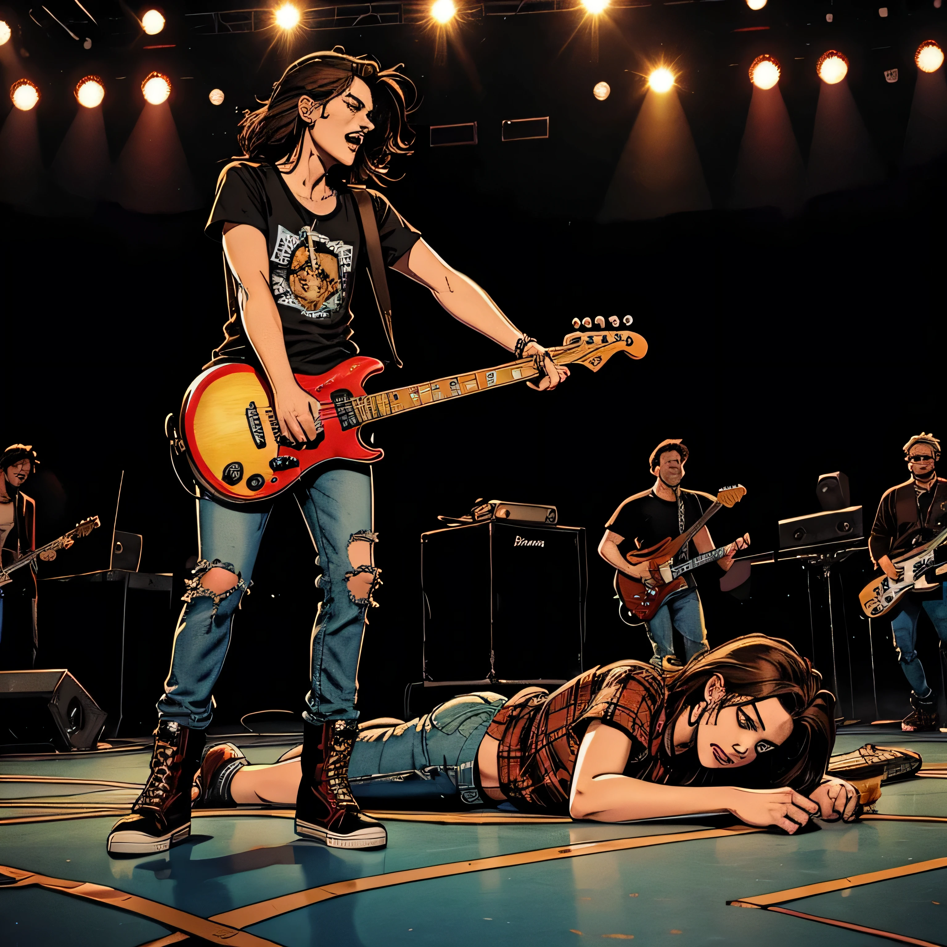 Angle from the audience to the stage: On stage there is a thin bald young guy with a beard, wearing a cap and glasses, a Grunge Dead T-shirt, torn jeans and black boots.
Next to him is a beautiful Brown-haired woman, dressed in a plaid shirt, a sexy T-shirt and red sneakers. They're performing on stage with Nirvana and everyone is screaming into the microphone. The entire band is on stage: Dave Grohl on drums, Chris Novoselic on bass. Nearby, lying on the floor, Kurt Cobain plays the guitar.
The crowd applauds and screams. The scene is done in dull colors. 90s era.