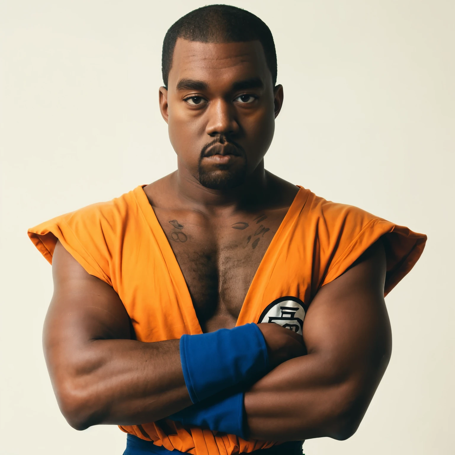 professional photo, Kanye West dressed as a saiyan, dragon ball, saiyan outfit from dragon ball z, dark shadows, bokeh, dusk