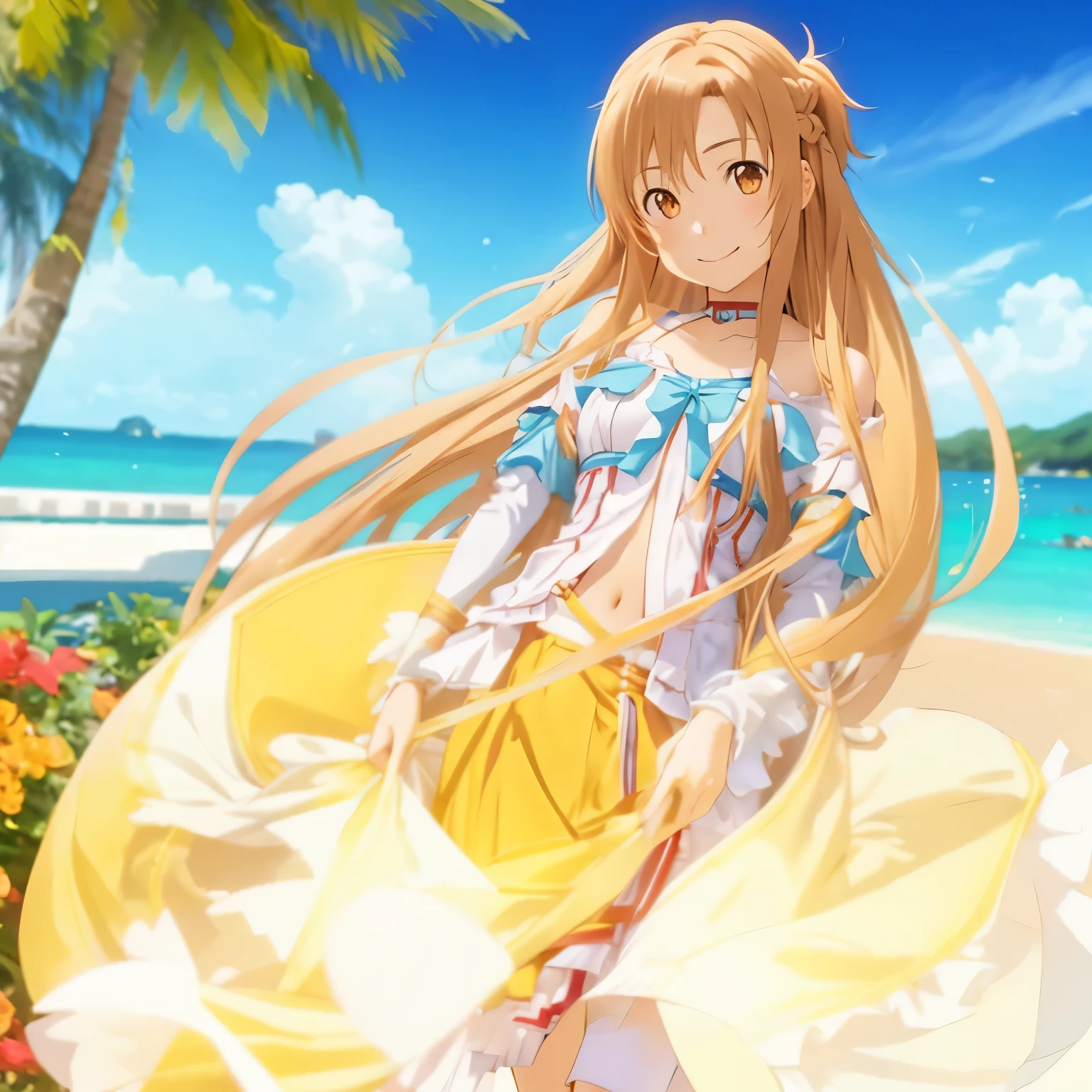1girl,asuna yuuki,brown eyes,brown hair ,closed mouth,collarbone,medium breasts ,long hair,looking at viewer,navel,lingerie, solo, smiling,very long hair, background,