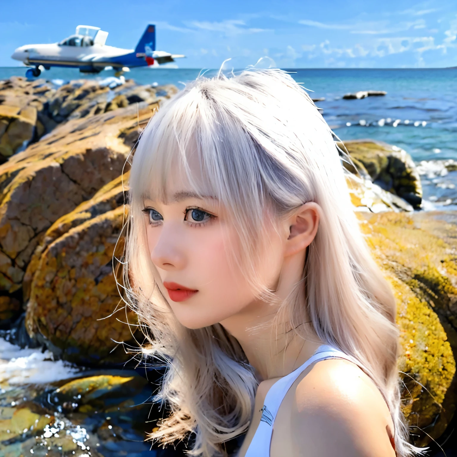 ultra high res.photorealistic:.1.4, UHD, Bottom-up angle, girl is wearing droptop, blue sky background, There is a plane on the far horizon