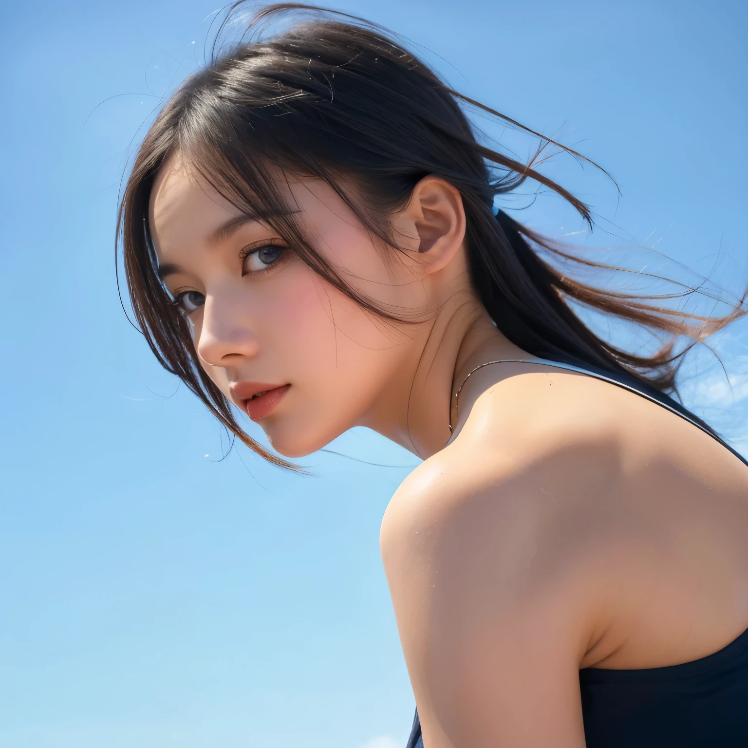 ultra high res.photorealistic:.1.4, UHD, Bottom-up angle, girl is wearing droptop, blue sky background, There is a plane on the far horizon