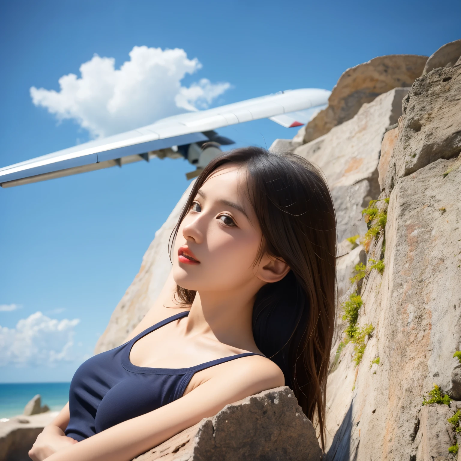 ultra high res.photorealistic:.1.4, UHD, Bottom-up angle, girl is wearing droptop, blue sky background, There's a plane flying over
