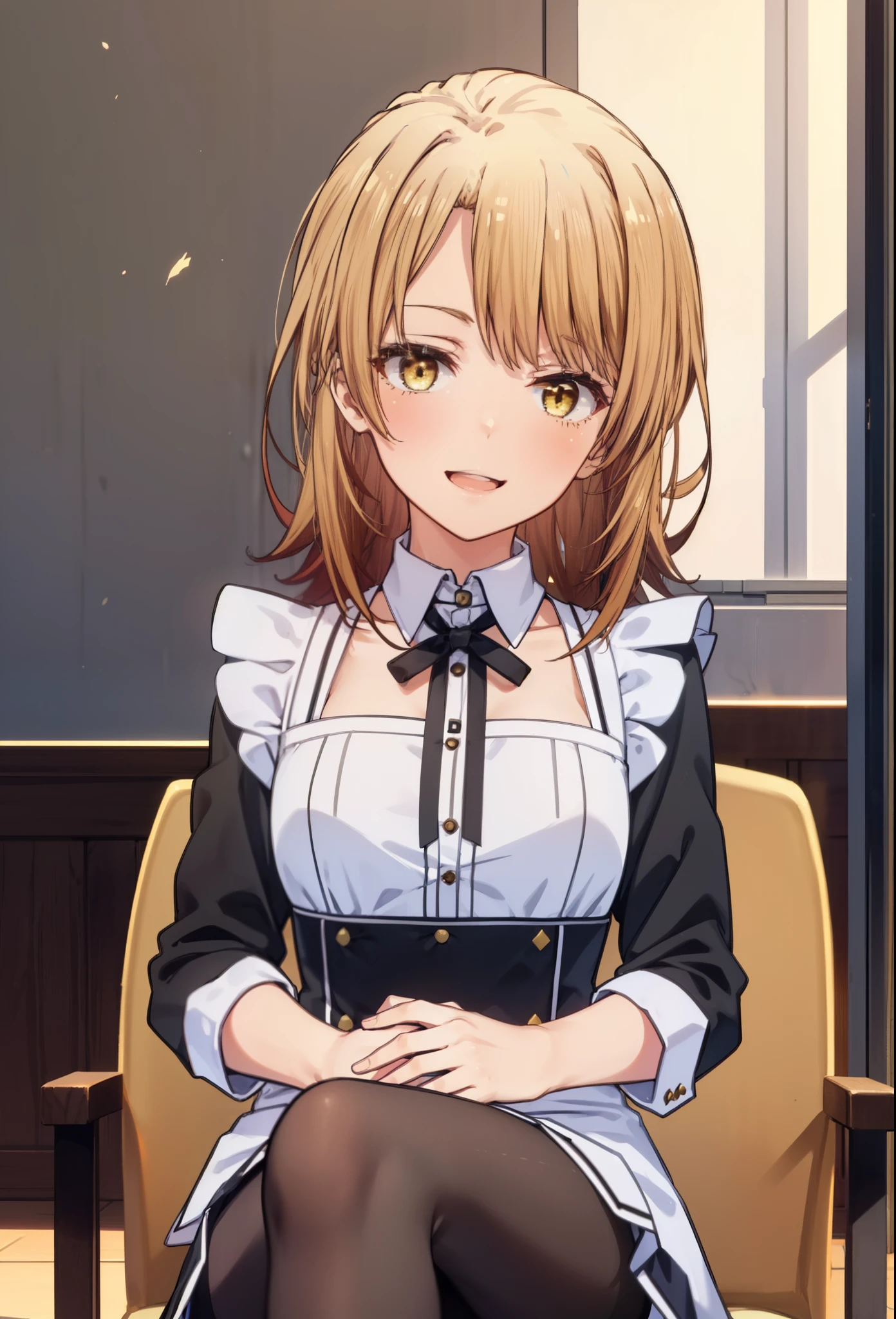 irohaisshiki, iroha isshiki, long hair, brown hair, (brown eyes:1.5), Smile, smile, open your mouth,short braided hair,ponytail,blush,smile,Maid clothes,Medium chest,she was wearing a miniskirt, black pantyhose, sitting cross-legged on a chair,So that the whole body goes into the illustration,
break indoors, coffee shop,
break looking at viewer,
break (masterpiece:1.2), highest quality, High resolution, unity 8k wallpaper, (shape:0.8), (fine and beautiful eyes:1.6), highly detailed face, perfect lighting, Very detailed CG, (perfect hands, perfect anatomy),