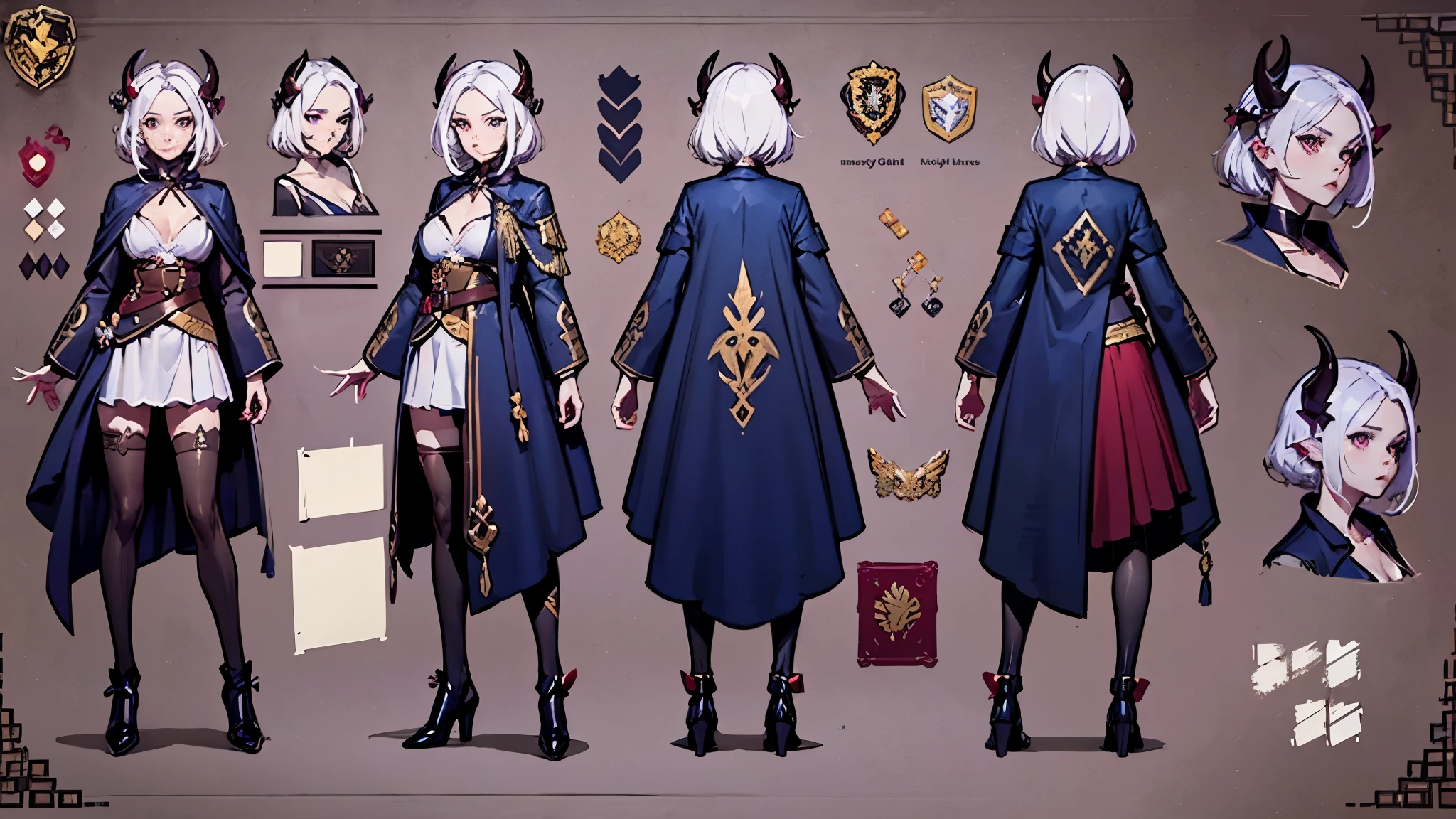 (Masterpiece, best quality), detailed, 1girl, ((character concept art)), ((character design sheet, same character, front, side, back)), many items, (adventurer guild lieder uniform, ex dungeon explorer, royal cloth, many parts), black demon horns, detailed purple eyes, detailed face, different expressions, small B cup , white hair and white skin, detailed hair, formal style haircut, full of details.