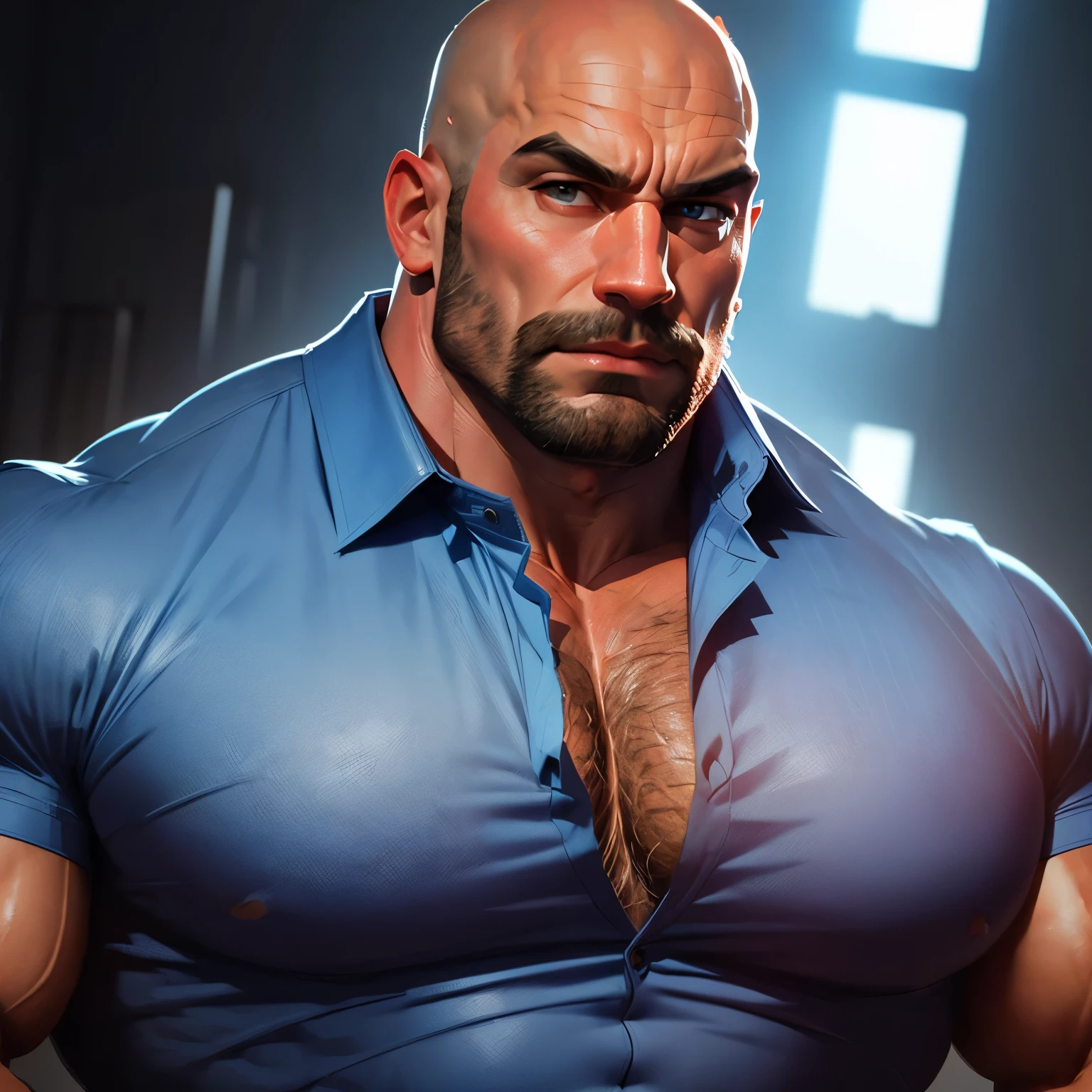 an exaggeratedly muscular and large bald bodyguard, (ripped collared blue shirt: 1.2), (one exposed pecs: 1.1), (bara pecs: 1.3), (hairy chest: 1.2), portrait HD, pink background light