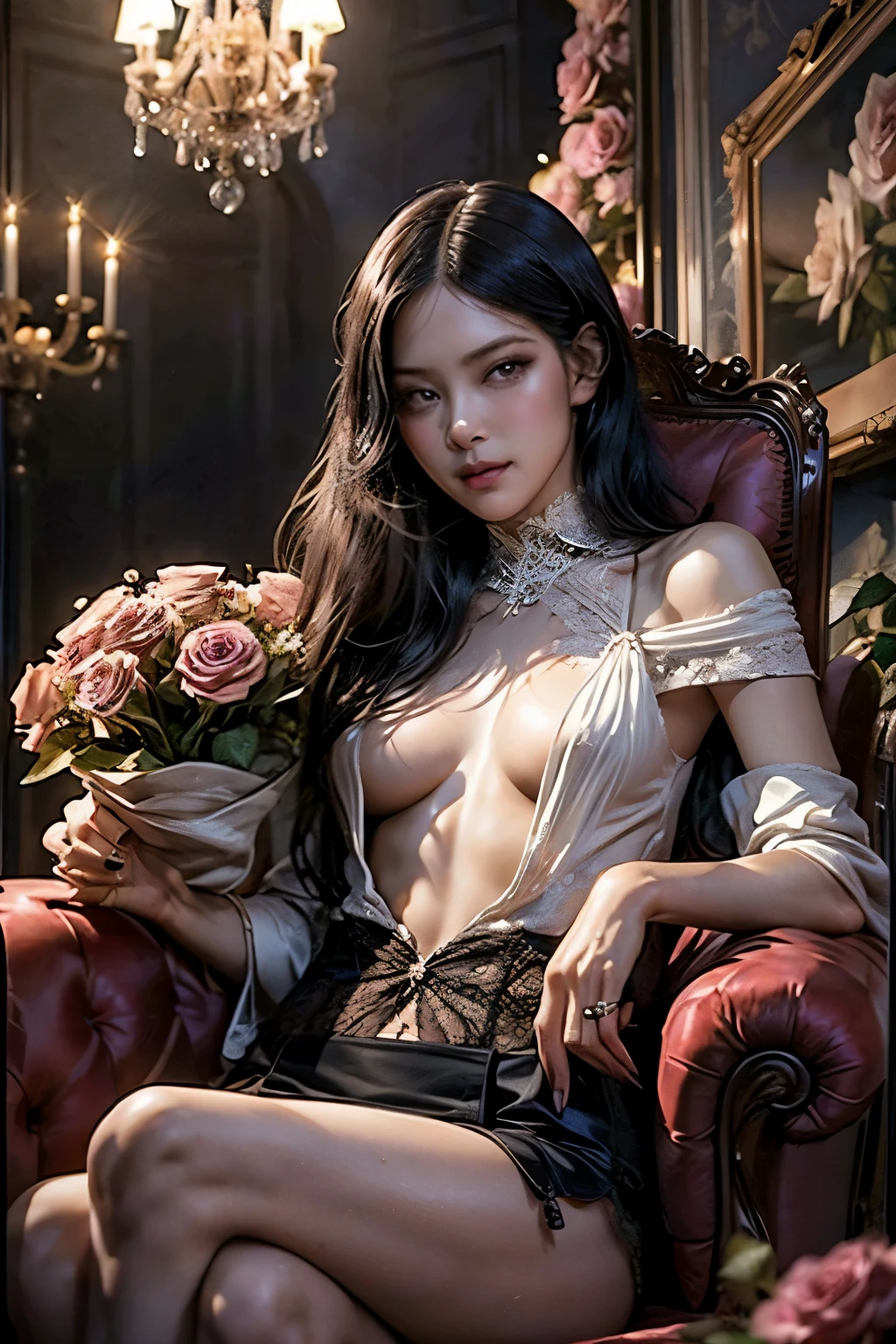 (masutepiece, Digital Art, Digital Illustration, 4K, 8K, Ultra-detailed, beautiful image, Sharp Image, Photorealistic, Raw photo, Perfect face, Perfect lines, Perfect eyes, Soft lighting) 1 woman, (Long Black Hair,straight haired,Bullish gaze,Beautie,ellegance,Mode system,Onepiece,Solid makeup,23 y-o woman,small tits:1.3),Two handsome men in suits, (ember,Men in suits,well-muscled,Firm shoulder width,Adult male,Boyish hairstyle,English gentlemanly style,Man in his 30s with a cool expression,28-year-old man with bright smile:1.2),Antique furnishings,Antique Clamps,Antique chair,chandeliers,Crystal Glass,Luxury,fantastical light,Marble fireplace,(embarrassed from,Shy smile,Bouquet of pink roses:1.2),Antique sofa,Leather sofa,Crying face,Crying in frustration,Beautiful tears、the kiss、kiss、a couple、couple kissing、Romance、ssex、have sex、Wet pubic area、insert 、Rape、Overflowing、Full body painting,(One Girl And One Man,Having sex:1.5),(ember,Adult male,Rubbing the girl's boobs:1.2),Cheek dyeing、gasping face、embarrassed、boredom、begging、Unhappy、Greedy expression,Wet pubic area、 xen、Open your crotch wide、Cowgirl、Fluttering chest、Wet shirt、Sheer black lace underwear、Underwear to take off、
