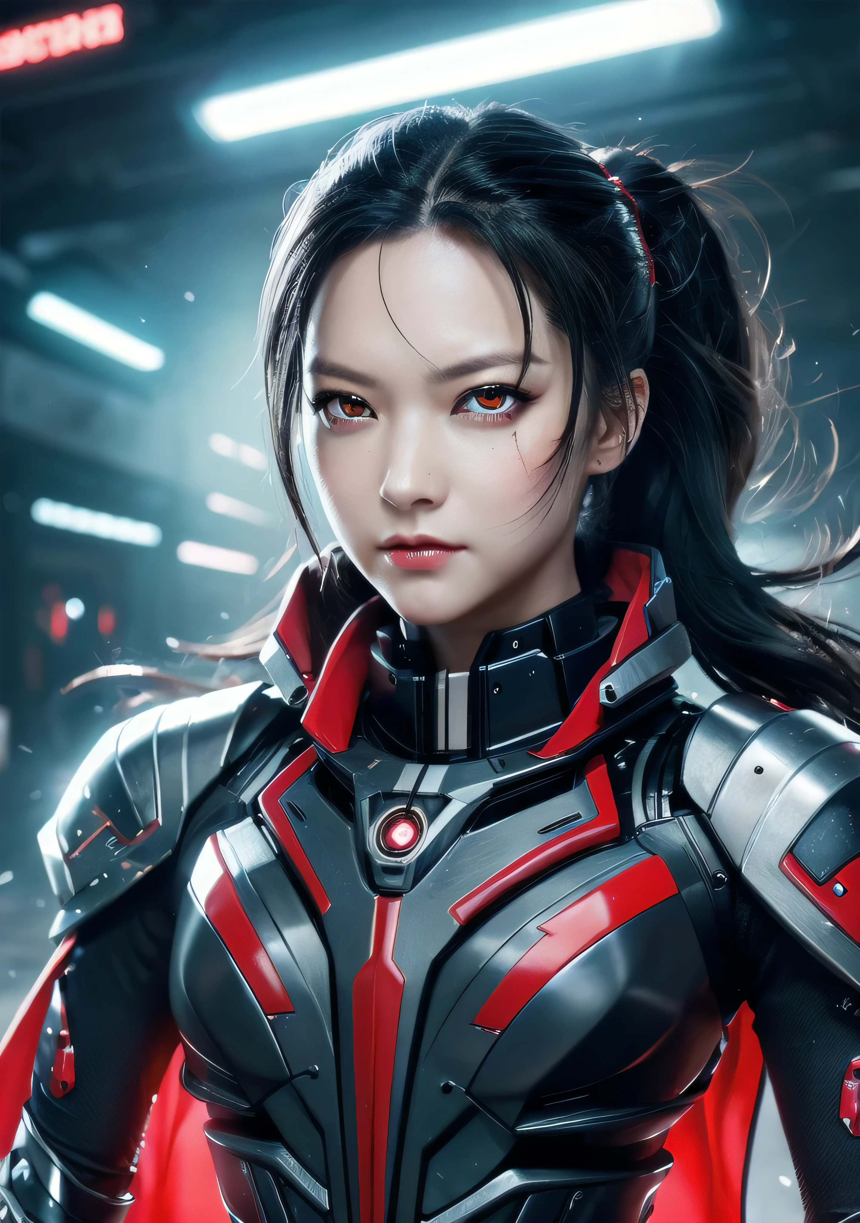 Masterpiece, best quality, beautiful witch, highly detailed realistic eyes,Cyberpunk, Female Cyborg, Special Ability, Uniform, Mechanized Enhancement, Beauty, Black Hair, Japan, Knee Up, Fine Face, Fine Body, Ponytail, Mechanical Eyes, ((red Eyes: 1.2)), Glowing Eyes, cute