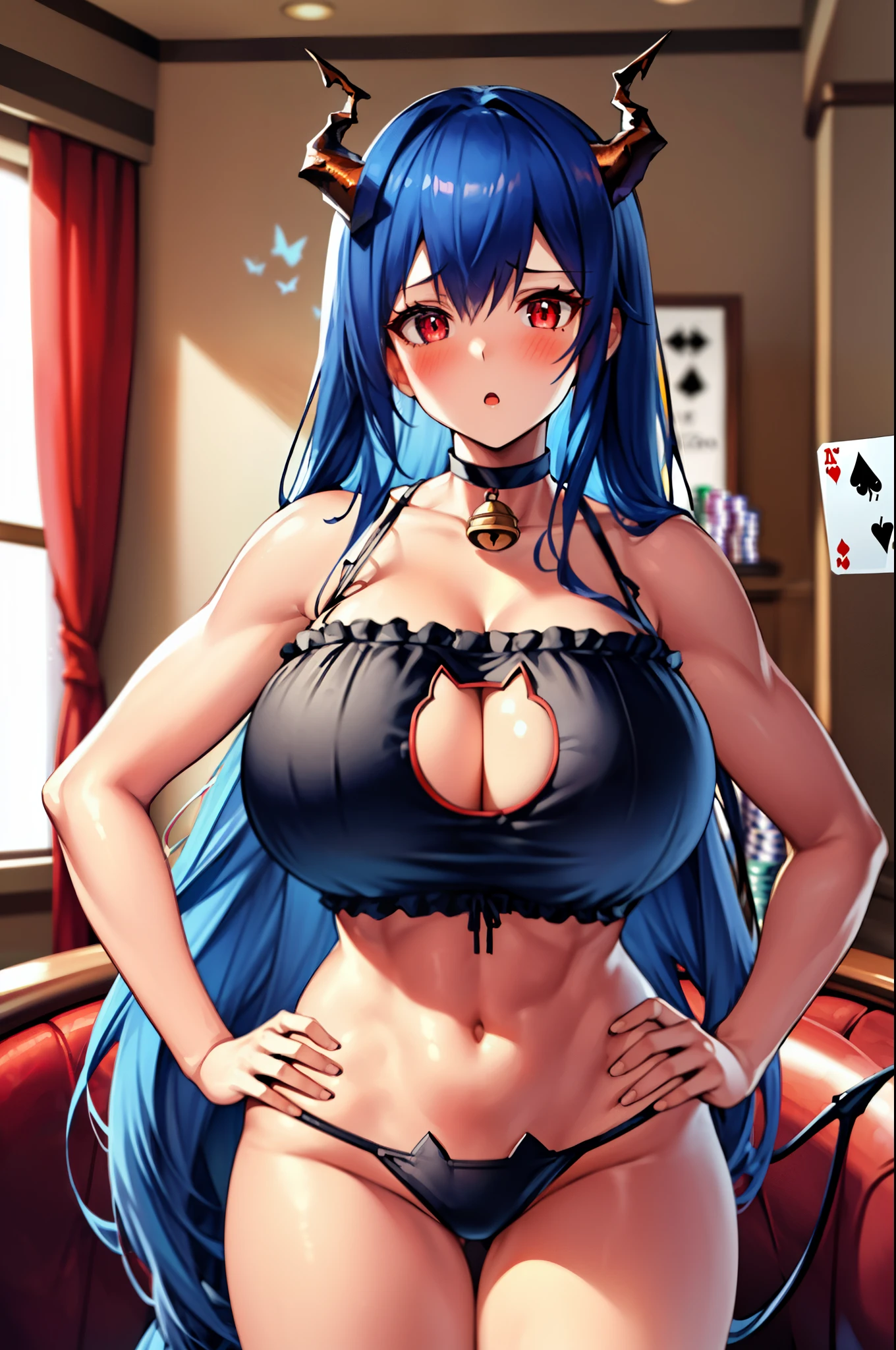 masterpiece, best quality, extremely detailed, 1girl, milf, solo, (muscular:1.3), {ch_en_arknights:1.10}, (gigantic breasts:1.5), ((((blue hair), long hair, red eyes, slit pupils, horns, dragon_horns))), parted lips, (((catlingerie, choker, neck bell))), ((blush, :o), closed mouth), ((hands on own hips, casino))