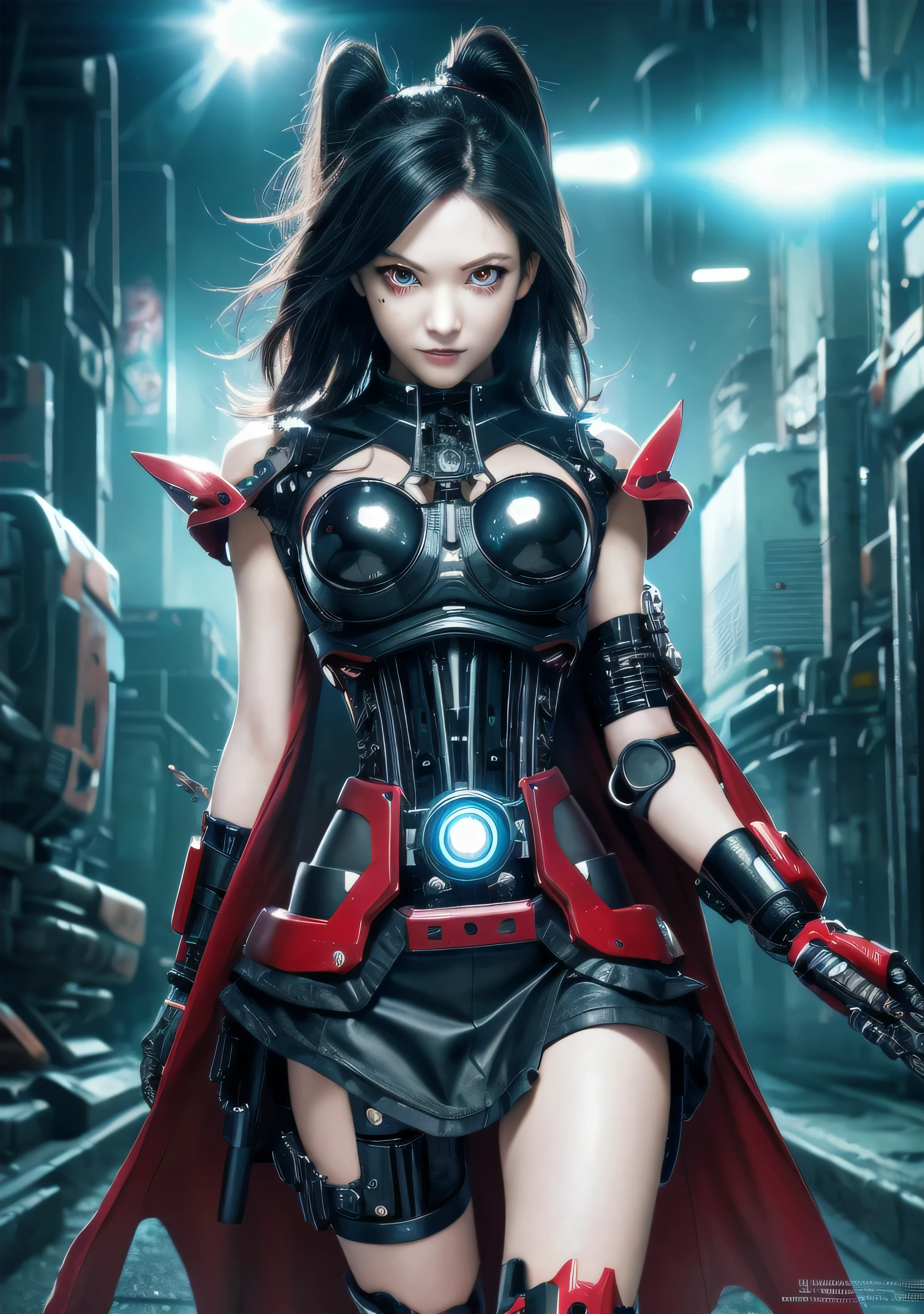 Masterpiece, best quality, beautiful witch, highly detailed realistic eyes,Cyberpunk, Female Cyborg, Special Ability, Uniform, Mechanized Enhancement, Beauty, Black Hair, Japan, Knee Up, Fine Face, Fine Body, Ponytail, Mechanical Eyes, ((red Eyes: 1.2)), Glowing Eyes, cute