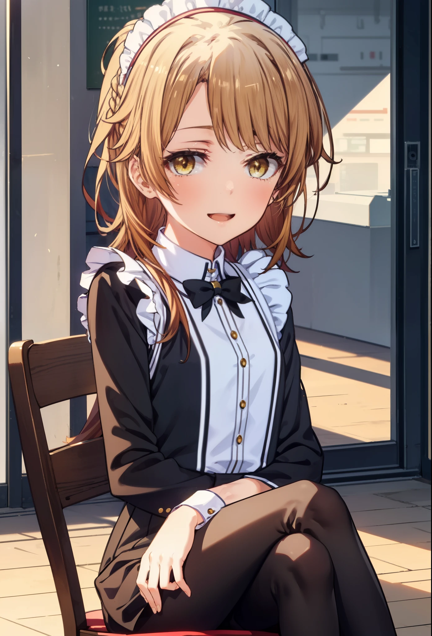 irohaisshiki, iroha isshiki, long hair, brown hair, (brown eyes:1.5), Smile, smile, open your mouth,short braided hair,ponytail,blush,smile,Maid clothes,Medium chest,she was wearing a miniskirt, black pantyhose, sitting cross-legged on a chair,So that the whole body goes into the illustration,
break indoors, coffee shop,
break looking at viewer,
break (masterpiece:1.2), highest quality, High resolution, unity 8k wallpaper, (shape:0.8), (fine and beautiful eyes:1.6), highly detailed face, perfect lighting, Very detailed CG, (perfect hands, perfect anatomy),