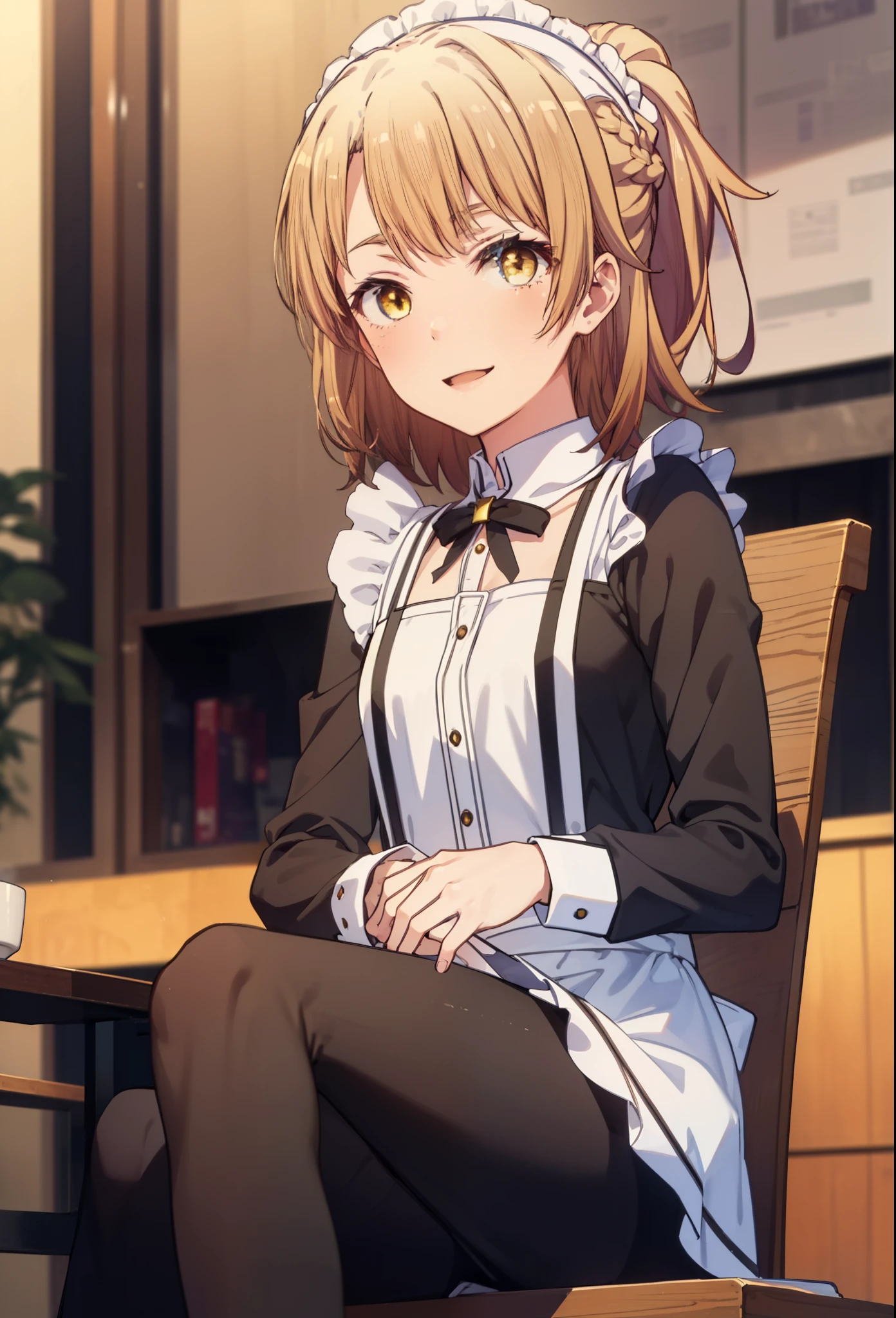 irohaisshiki, iroha isshiki, long hair, brown hair, (brown eyes:1.5), Smile, smile, open your mouth,short braided hair,ponytail,blush,smile,Maid clothes,Medium chest,she was wearing a miniskirt, black pantyhose, sitting cross-legged on a chair,So that the whole body goes into the illustration,
break indoors, coffee shop,
break looking at viewer,
break (masterpiece:1.2), highest quality, High resolution, unity 8k wallpaper, (shape:0.8), (fine and beautiful eyes:1.6), highly detailed face, perfect lighting, Very detailed CG, (perfect hands, perfect anatomy),