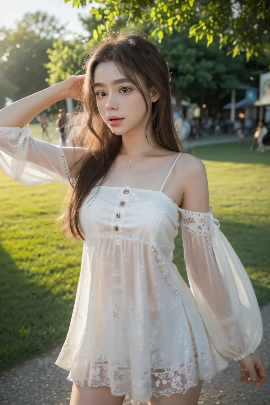 (8k, highest quality, ultra detailed:1.37), (Athena), 18yo, (a free-spirited Javanese girl), embraces the bohemian festival atmosphere. She wears a summer dress. The high-resolution image captures ultra-detailed realism, highlighting Athena's captivating eyes, long eyelashes, and smooth complexion. The vibrant festival setting adds an energetic and colorful backdrop to showcase Dina's carefree and artistic personality.