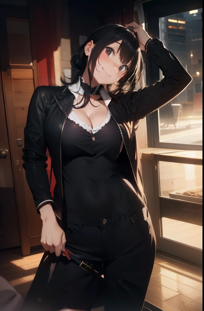super high quality, ultra high resolution, hyper-detailed, high contrast, ultra fine strike, creative sophistication,black hair,living room,smile,cleavage