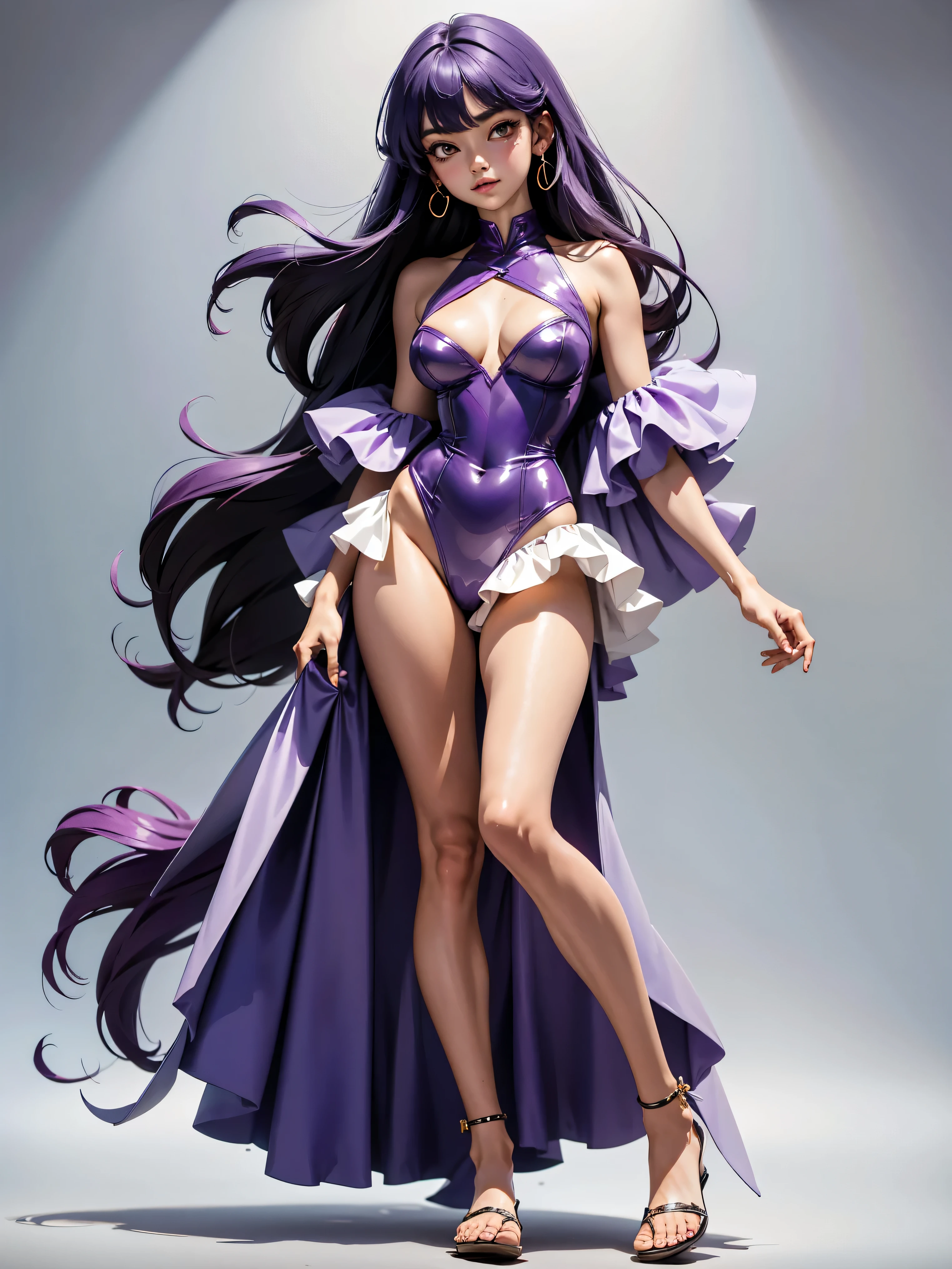 Garota anime de cabelo purple com saia vestido longo purple meio transparente e espartilho, *******, corpo bonito, seios grandes, com hand in panties , hand in purple hair, Garota sexy, purple hair, mechas de cabelo laterais, mechas de cabelo na lateral do rosto, beautiful lighting, sombras suaves, olhos azuis, pernas bonitas, cabelo longo roxo, estilo anime, personagem Shampoo Chan, Autora Rumiko Takahashi, Baseado em obra de Rumiko Takahashi, Anime Ranma 1/ 2, decote sexy, quadril robusto, corpo inteiro, corpo inteiro, busto grande, garota jovem com corpo belo e bonito, sandals on his feet, garota ******* jovem, usando saia e corset pink e purple meio transparente, garota anime, estilo anime, beautiful feet in sandals, front view angle, ao ar livre, peito grande, seios bonitos, cabelo purple, sandals on the feet, pernas bonitas, sexy, belas pernas, Sandalias, seios grandes, corpo completo, corpo inteiro, feet with sandals, anime realista, saia, sarja roxa, personagem realista sexy, straight standing posture, ao ar livre, calcinha pink, hand in panties, saia vestido com 50% de opacidade meio translucida, corpo ereto, sandalias bonitas