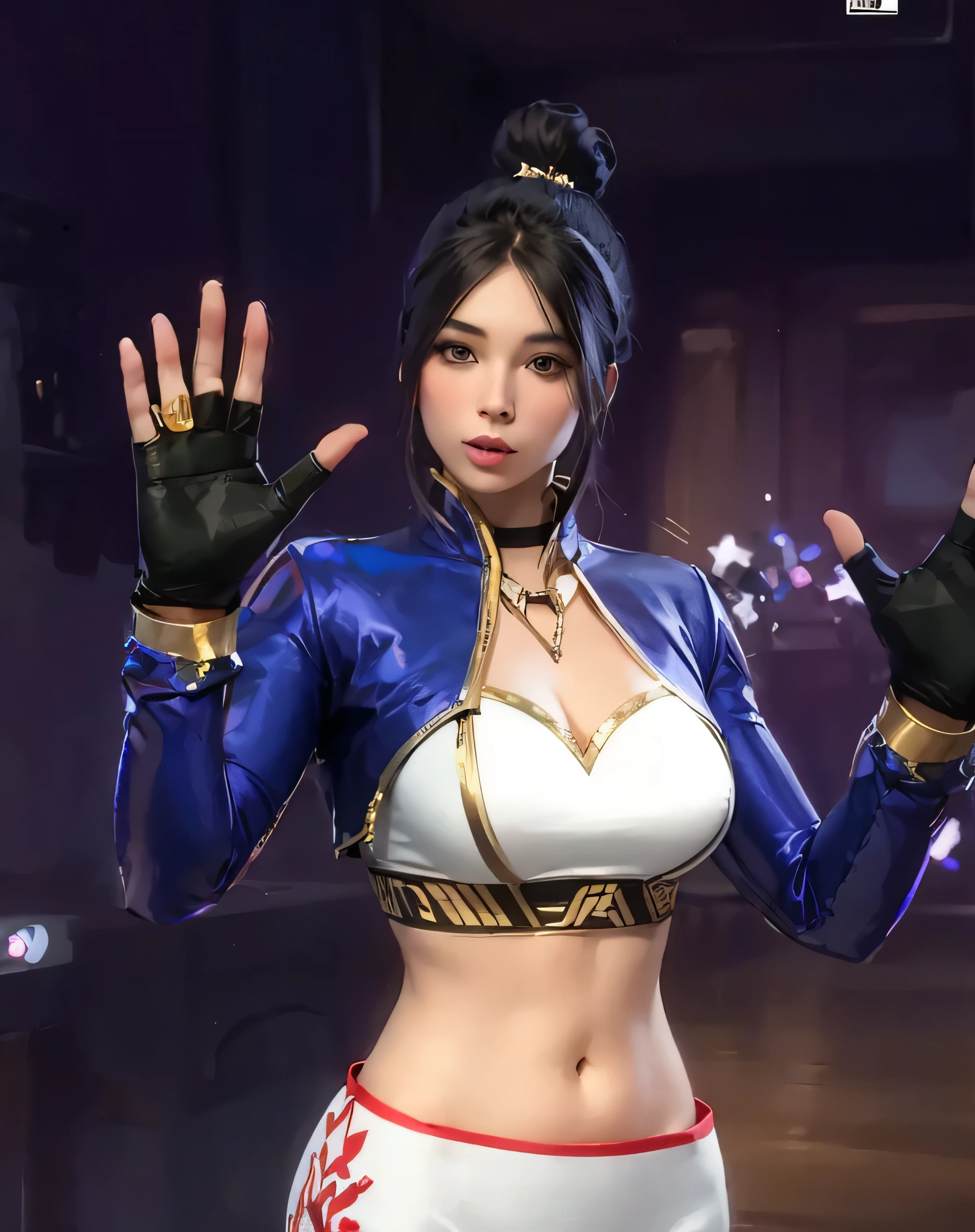cute woman in a costume with a hand up, big , realistic