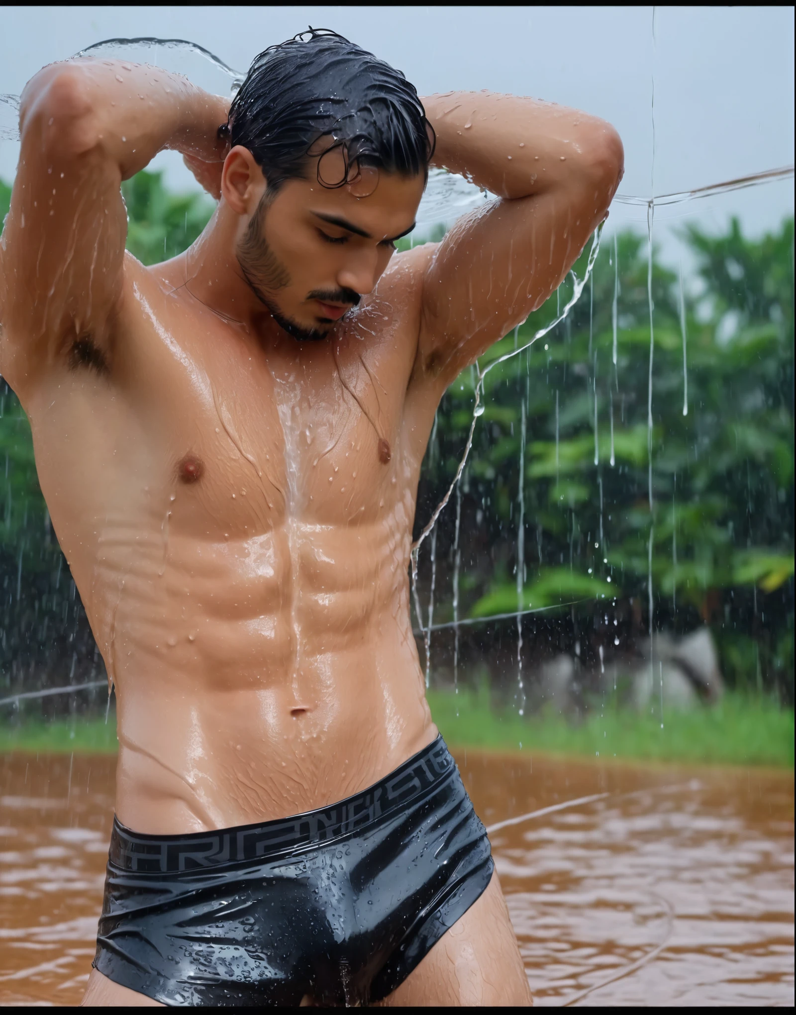 A men look pose his sexy and hot body with. Taking a both getting wet with water look so sexy and hot 🥵,best quality,8k