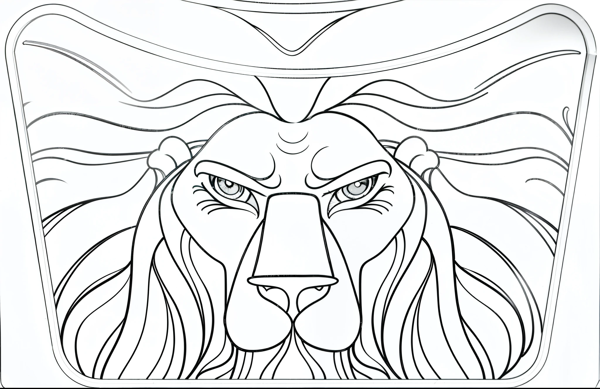 Minimal vector design::5 , a minimalist head and shoulders image of an angry lion head in a symmetrical oval frame with lion hairs all over the frame, head, composition, hairs. Background decoration, lion head hair extended and spread throughout the image, minimal lines, text, smooth lines, vector design with image,no shadows and thick lines, almost no details, black and white, no colours