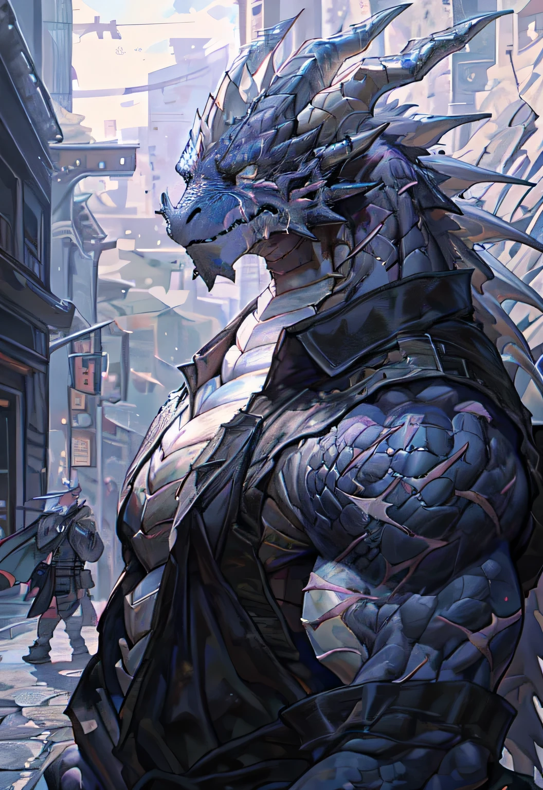 alone, Kanno, (dragon), Humanity, male, ((black body)), (black dragon),black fur, two colors, Scars on the face, With sunglasses on his head,Necklace hanging around the neck,(muscular body:1.3), There is a scar on the face, Handsome,side,(Scars on the face), on the street,(Express),(city background),(There is a scar on the face:1.2),(dragon horn),(Dragon tail),perfect masterpiece,(16K),whole body衣服,alone,((Strong)),(military uniform),(Holding a rifle in hand),(dick:1.2),Perfect proportion,serious expression,sweat,(Holding a rifle in hand:1.5),(hand:1.3),(Holding a rifle in hand.:1.2),(Vision:1.5),(whole body:1.8),Strong,muscle,with dragon wings,bi-winged,more details,CG,(dragon), torso,((Holding a gun in hand)), (Bulletproof vest)),serious expression