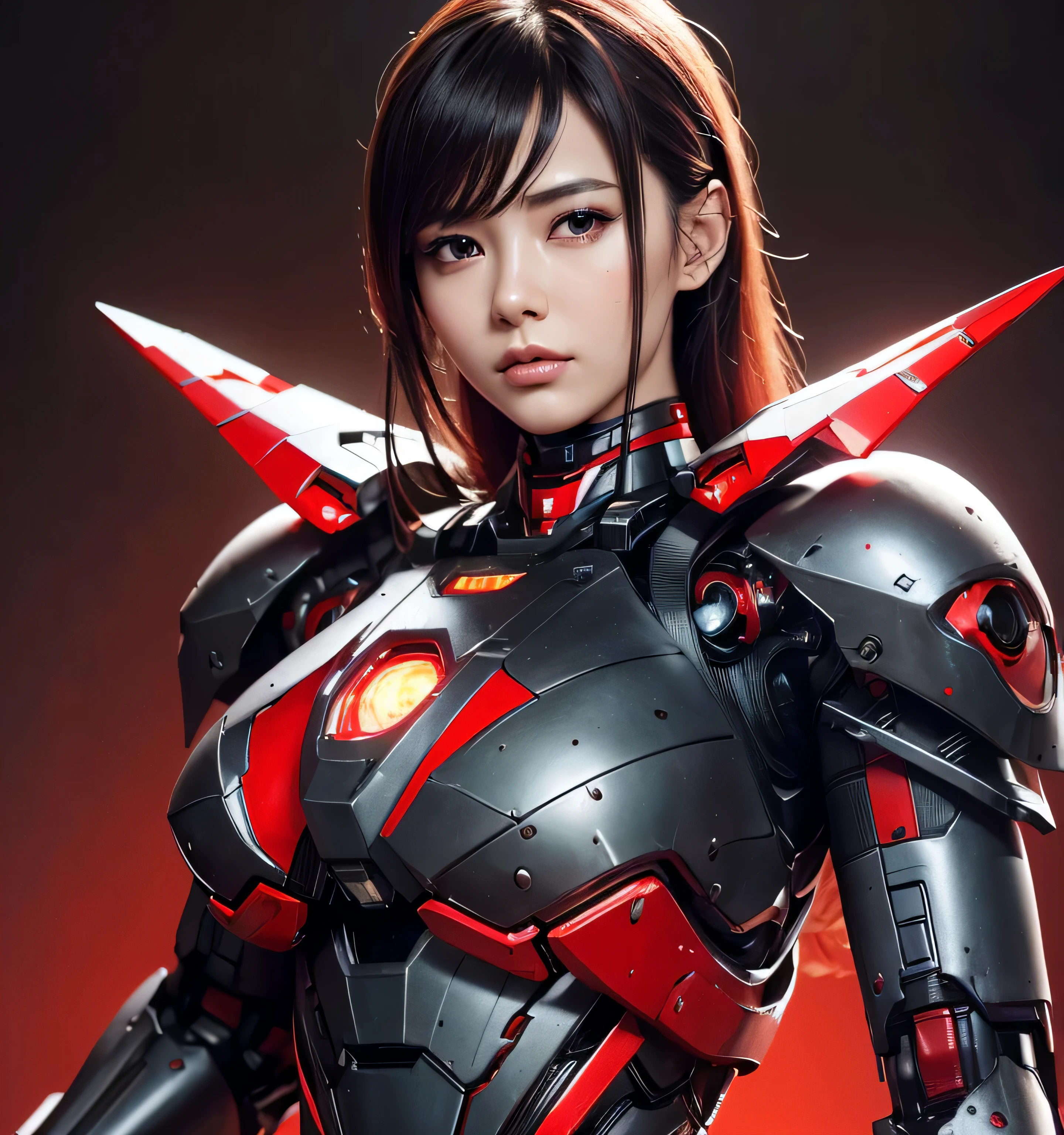 rough skin, Super detailed, advanced details, high quality, better quality, High resolution, 1080P, hard disk, beautiful,(war machine),beautiful red black cyborg woman,big breast, red black Mecha cyborg ,battle mode, With red black mechanical body, She wears a futuristic,mech,full body shot, background black