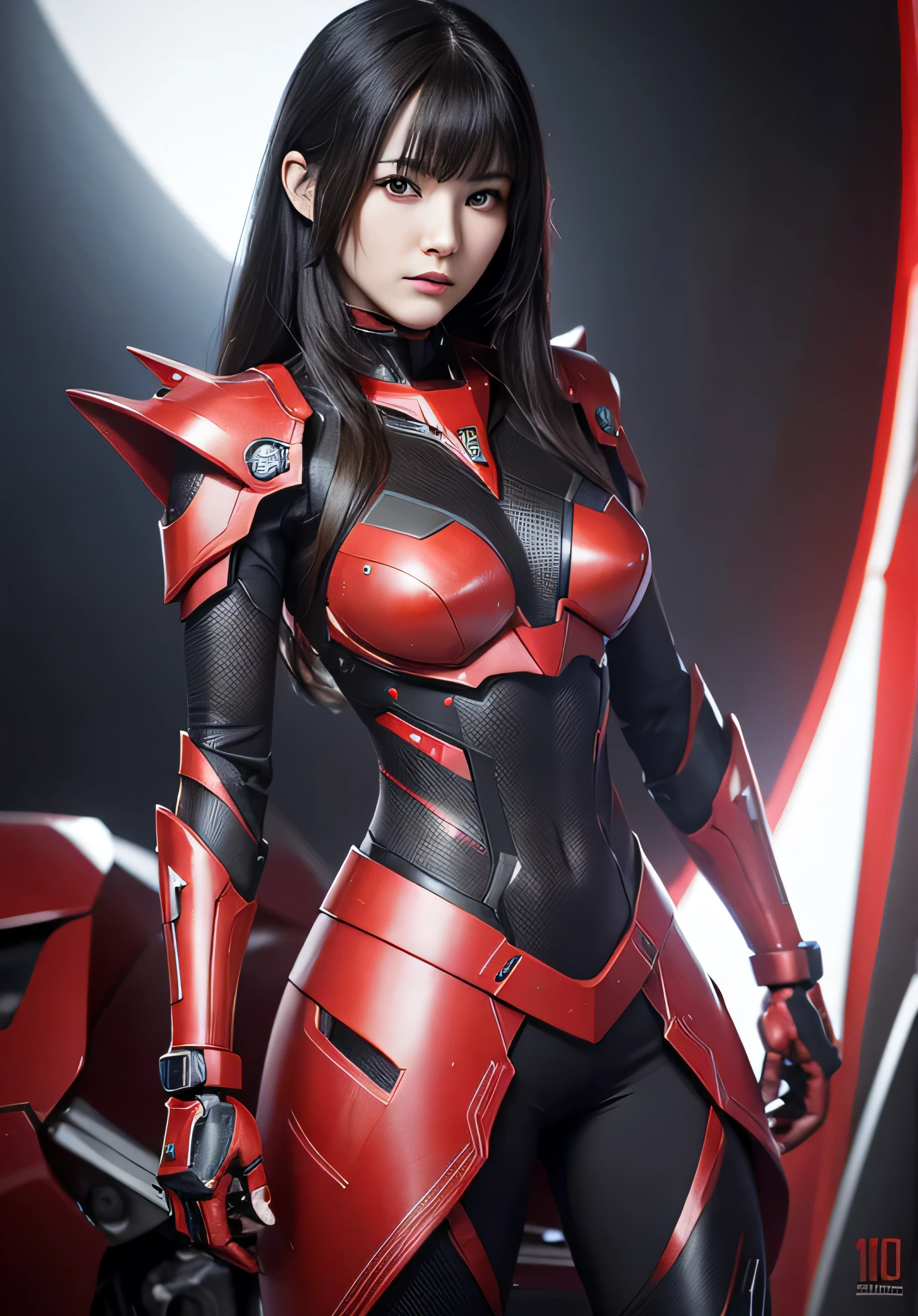 rough skin, Super detailed, advanced details, high quality, better quality, High resolution, 1080P, hard disk, beautiful,(war machine),beautiful red black cyborg woman,with text in the costume 'asu' , red black Mecha cyborg ,battle mode, With red black mechanical body, She wears a futuristic,mech,full body shot, background black