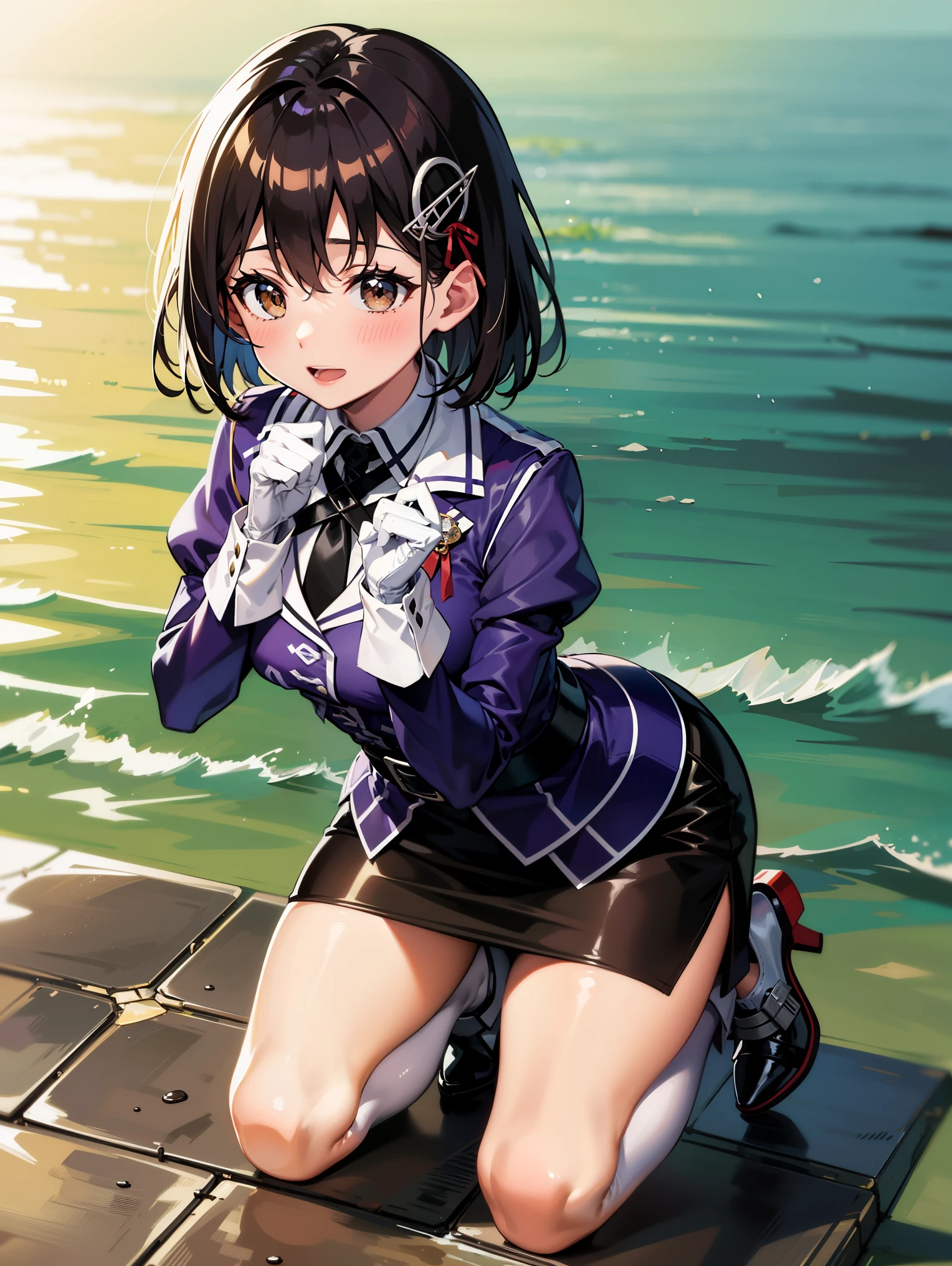 scratch \(KanColle\), short hair, black hair, brown eyes, hair ornaments, clothing : uniform, purple jacket, black tie, white gloves, Black belt, black skirt, mini skirt, pencil skirt, white pantyhose, Gray shoes, high heels,
Blake Smile, shy, blush your nose, (heart hand, Put your own hands together:1)
break a masterpiece, highest quality, High resolution, 8K, official art, Super detailed, super resolution, very detailed and beautiful, very detailed, amazingly detailed, very detailed美しい女の子, very detailed顔, very detailed目, very detailed肌, very detailed指, very detailed鼻, very knowledgeable mouth, Perfect Anatomy BREAK Full Body Shot, Opposition, on the sea, on water, bright, scenery, very detailed CG unity 16k, Very detailed 16KCG wallpaper