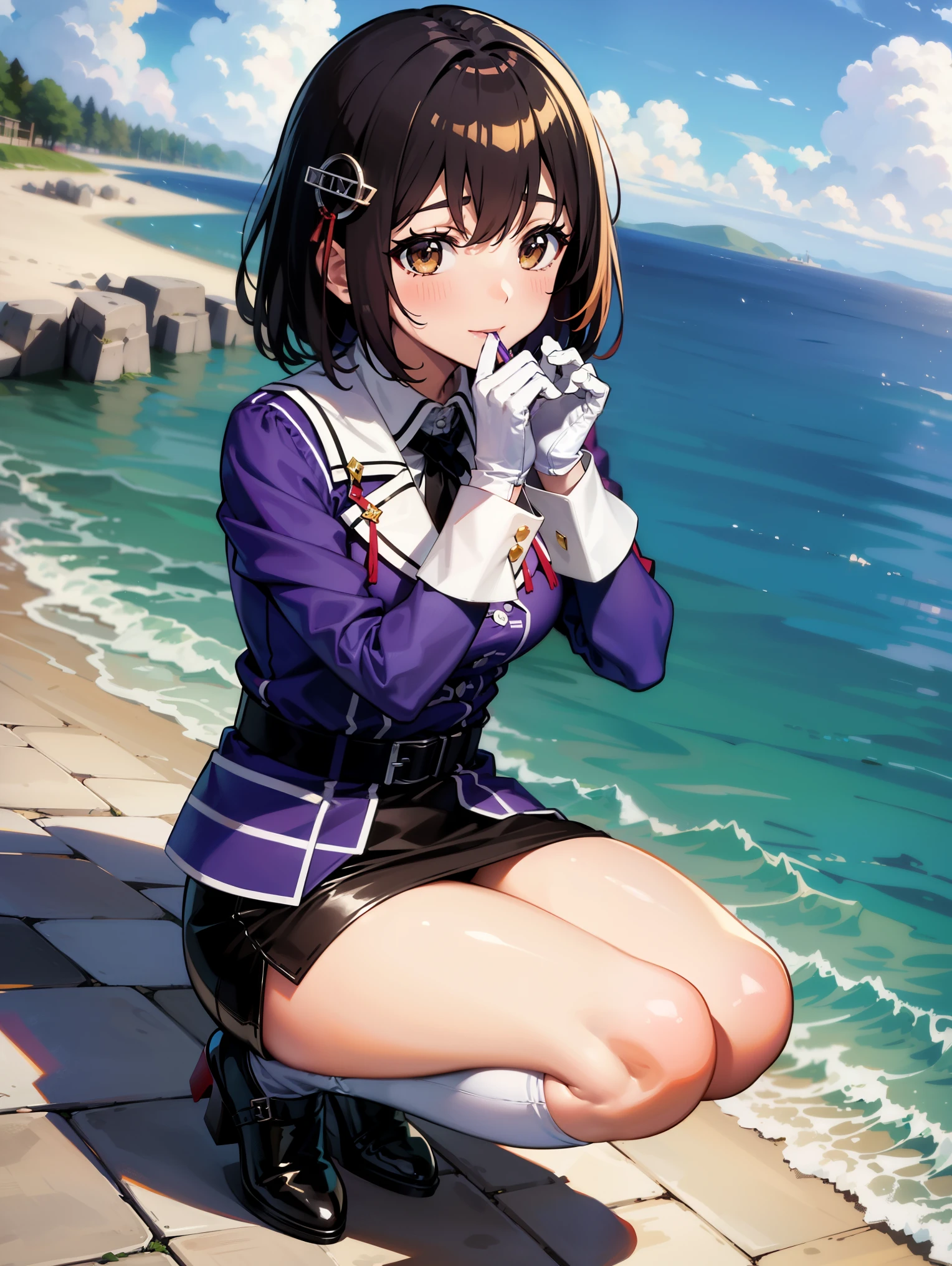 scratch \(KanColle\), short hair, black hair, brown eyes, hair ornaments, clothing : uniform, purple jacket, black tie, white gloves, Black belt, black skirt, mini skirt, pencil skirt, white pantyhose, Gray shoes, high heels,
Blake Smile, shy, blush your nose, (heart hand, Put your own hands together:1)
break a masterpiece, highest quality, High resolution, 8K, official art, Super detailed, super resolution, very detailed and beautiful, very detailed, amazingly detailed, very detailed美しい女の子, very detailed顔, very detailed目, very detailed肌, very detailed指, very detailed鼻, very knowledgeable mouth, Perfect Anatomy BREAK Full Body Shot, Opposition, on the sea, on water, bright, scenery, very detailed CG unity 16k, Very detailed 16KCG wallpaper