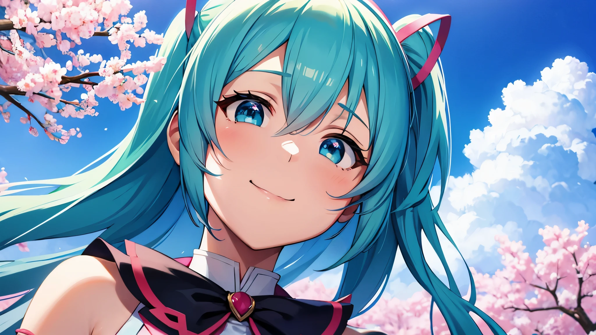 anime characters、Sakura Miku、real、Looking up at the blue sky with a hopeful smile