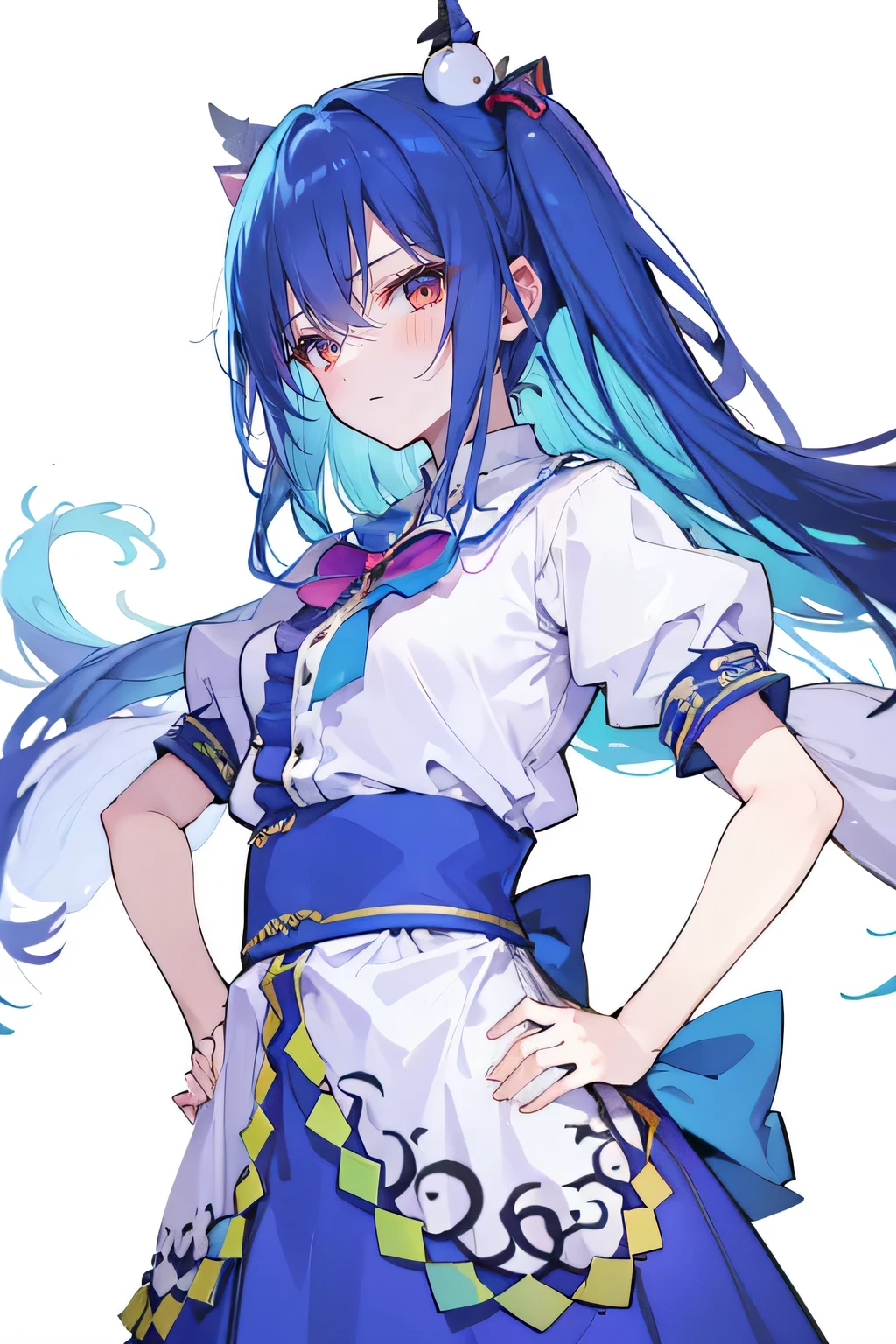 (masterpiece),best quality, expressive eyes, perfect face, 1girl,
 Put your hands on your waist,fair, Gorgeous,Japanese cartoons,girl,lola,Hina Angel, blue hair, blue haired, floating clothes,Grab your waist, Grab your waist, hands on hips , hands on hips,flat chest