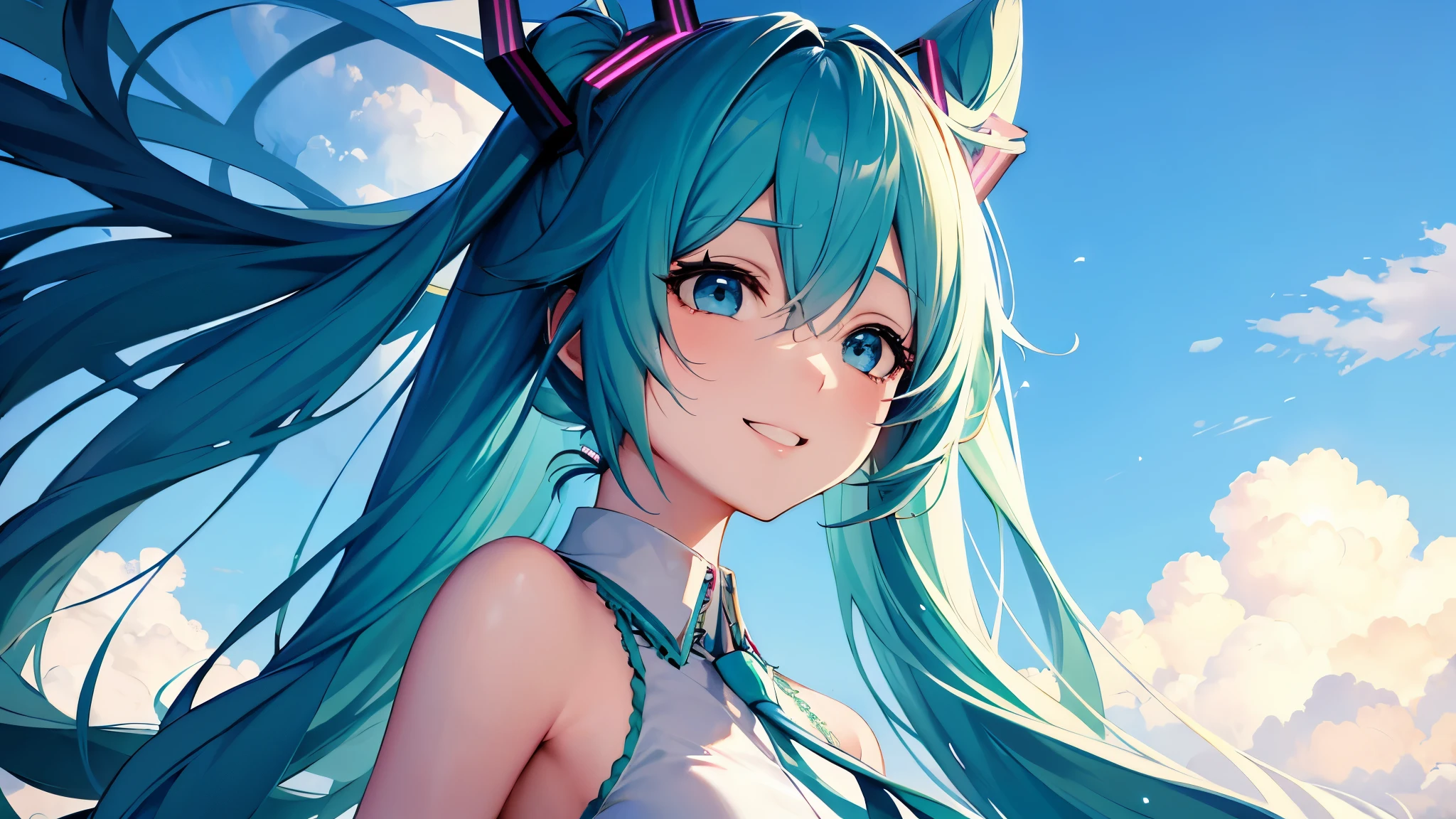 anime characters、Hatsune Miku、real、Looking up at the blue sky with a hopeful smile
