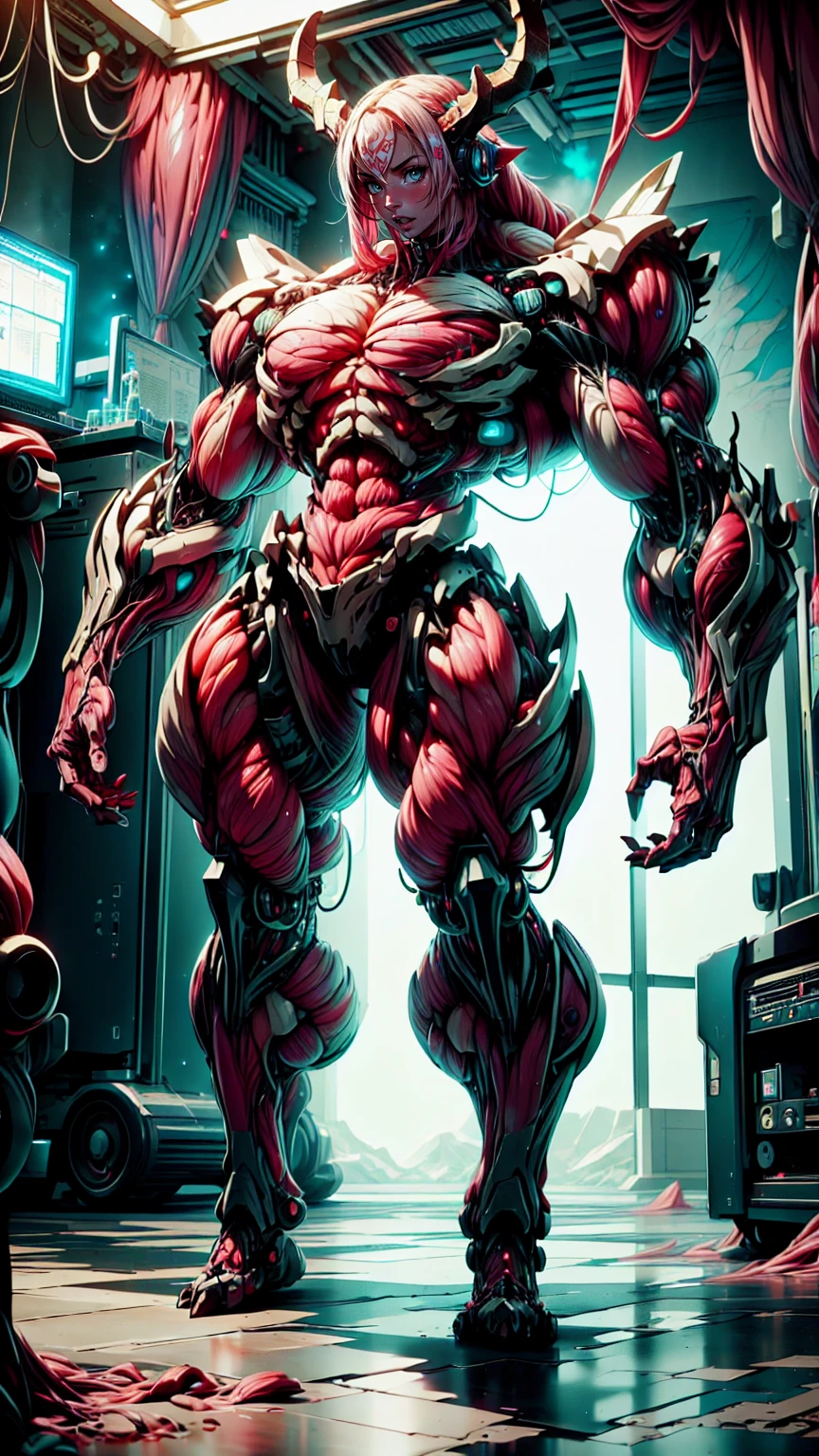 Cinematic, clear facial features and insanely detailed, the image captures the essence of (1 girl), (megan fox:1.25), (long red hair), (carnage skinless bio-mecha:1.25), (1 super muscular undead skinless succubus with gigantic horns:1.25), (covered in red necrotic skinless bio-mecha muscle:1.25), (exposed muscles & veins everywhere:1.25), (perfect fingers:1.25) (full body pose:1.25). The color grading is beautifully done, enhancing the overall cinematic feel. Unreal Engine makes her appearance even more mesmerizing. With depth of field (DOF), every detail is focused and accentuated, drawing attention to her eyes and hair. Peak image resolution utilizing super-resolution technology ensures pixel perfection. Cinematic lighting enhances her aura, while anti-aliasing techniques like FXAA and TXAA keep the edges smooth and clean. Adding realism to the muscular bio-mecha succubus , RTX technology enables ray tracing. Additionally, SSAO (Screen Space Ambient Occlusion) gives depth and realism to the scene, the girl's presence even more convincing. In the post-processing and post-production stages, tone mapping enhances the colors, creating a captivating visual experience. The integration of CGI (Computer-Generated Imagery) and VFX (Visual Effects brings out her demonic features seamlessly . Incredible level of detail, with intricate elements meticulously crafted, the artwork hyper maximalist and hyper-realistic. Volumetric effects add depth and dimension, with unparalleled photorealism. 8k resolution rendering ensures super detailed visuals. The volumetric lighting adds a touch of magic, highlighting her beauty and aura in an otherworldly way. High Dynamic Range (HDR) tech makes the colors pop, adding richness to the overall composition. Ultimately, this artwork presents an unreal, yet stunningly real portrayal of an incredibly beautiful bio-mecha succubus girl. The sharp focus ensures that every feature is crisply defined, creating a captivating presence. (girl face:1.45)