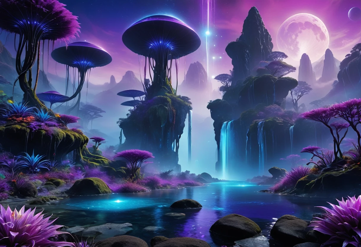 (an alien landscape),vibrant colors,otherworldly plants and flowers,distant glowing moons in the sky,mysterious floating rocks,bioluminescent creatures,cascading waterfalls,ethereal mist,crystal clear lakes,shimmering purple grasses,huge towering mountains,pulsating energy fields,unusual rock formations,exotic alien architecture,advanced technology merging with nature,eerie silence,purple and blue hues,soft and diffused lighting,sharp and surreal details,high contrast and dynamic range,surreal and dreamlike atmosphere,ultra-detailed and hyper-realistic textures,masterpiece:1.2