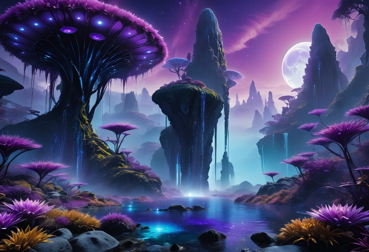 (an alien landscape),vibrant colors,otherworldly plants and flowers,distant glowing moons in the sky,mysterious floating rocks,bioluminescent creatures,cascading waterfalls,ethereal mist,crystal clear lakes,shimmering purple grasses,huge towering mountains,pulsating energy fields,unusual rock formations,exotic alien architecture,advanced technology merging with nature,eerie silence,purple and blue hues,soft and diffused lighting,sharp and surreal details,high contrast and dynamic range,surreal and dreamlike atmosphere,ultra-detailed and hyper-realistic textures,masterpiece:1.2