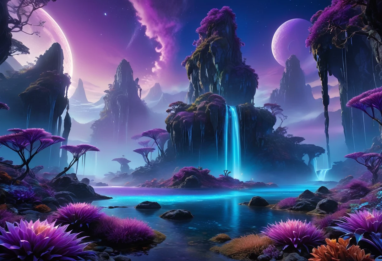 (an alien landscape),vibrant colors,otherworldly plants and flowers,distant glowing moons in the sky,mysterious floating rocks,bioluminescent creatures,cascading waterfalls,ethereal mist,crystal clear lakes,shimmering purple grasses,huge towering mountains,pulsating energy fields,unusual rock formations,exotic alien architecture,advanced technology merging with nature,eerie silence,purple and blue hues,soft and diffused lighting,sharp and surreal details,high contrast and dynamic range,surreal and dreamlike atmosphere,ultra-detailed and hyper-realistic textures,masterpiece:1.2