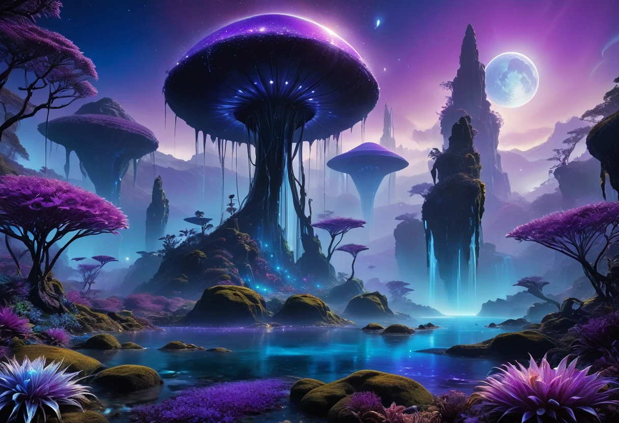 (an alien landscape),vibrant colors,otherworldly plants and flowers,distant glowing moons in the sky,mysterious floating rocks,bioluminescent creatures,cascading waterfalls,ethereal mist,crystal clear lakes,shimmering purple grasses,huge towering mountains,pulsating energy fields,unusual rock formations,exotic alien architecture,advanced technology merging with nature,eerie silence,purple and blue hues,soft and diffused lighting,sharp and surreal details,high contrast and dynamic range,surreal and dreamlike atmosphere,ultra-detailed and hyper-realistic textures,masterpiece:1.2