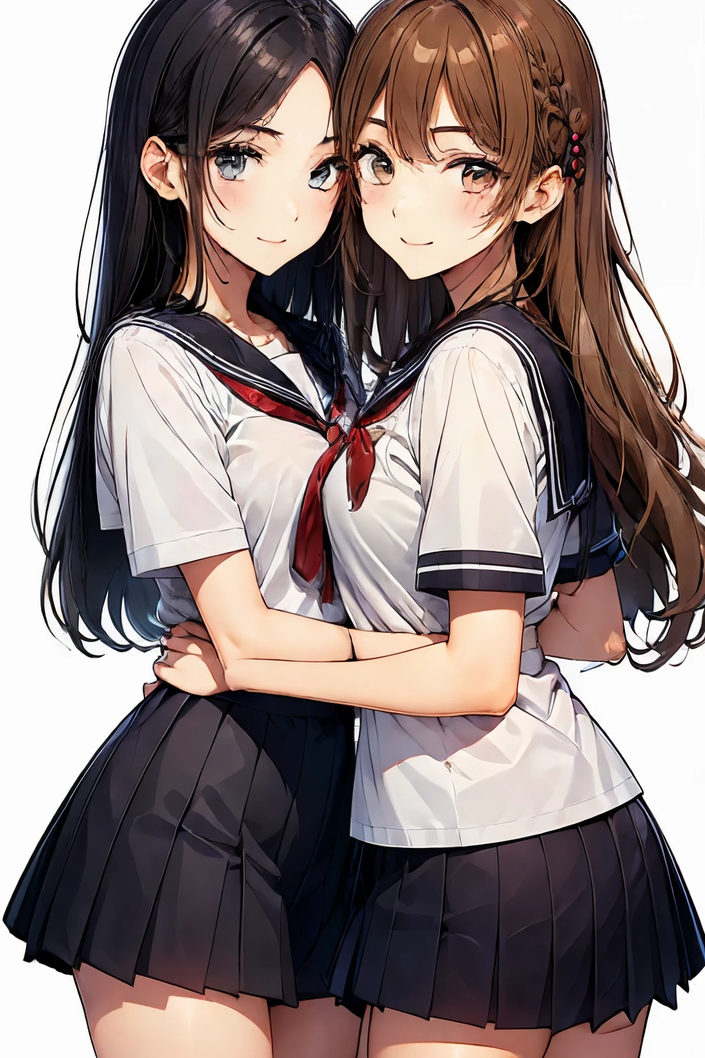 Two high school girls hugging each other、seductive smile、nsfw