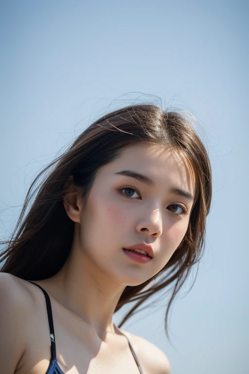 A superb exquisite real beautiful girl, natural straight hair, extremely delicate, straight facial features, peerless beautiful girl, soft, dreamy quality, light white and dark brown, exaggerated facial features, solid color, frank holly, delicate face, bright lips slightly open, slender waist, soft curves, (slingshot swimsuit:1.2), real light and shadow, super fine, 4k, natural moving, realistic, Ultra high resolution, at the beach,(professional model pose:1),(from below)