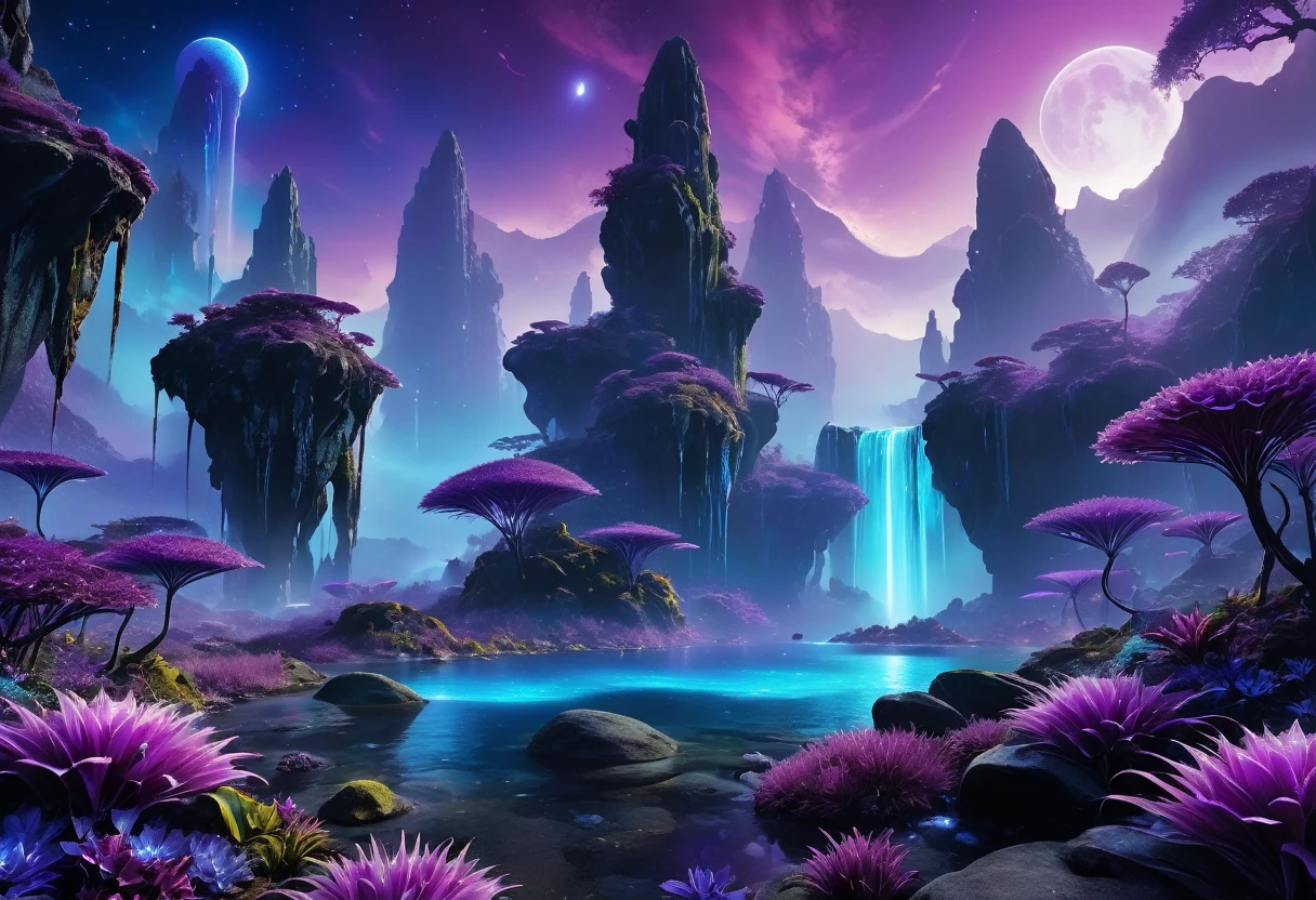 (an alien landscape),vibrant colors,otherworldly plants and flowers,distant glowing moons in the sky,mysterious floating rocks,bioluminescent creatures,cascading waterfalls,ethereal mist,crystal clear lakes,shimmering purple grasses,huge towering mountains,pulsating energy fields,unusual rock formations,exotic alien architecture,advanced technology merging with nature,eerie silence,purple and blue hues,soft and diffused lighting,sharp and surreal details,high contrast and dynamic range,surreal and dreamlike atmosphere,ultra-detailed and hyper-realistic textures,masterpiece:1.2