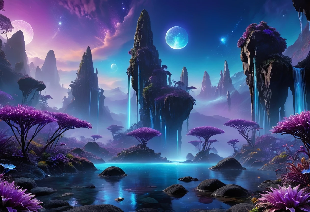 (an alien landscape),vibrant colors,otherworldly plants and flowers,distant glowing moons in the sky,mysterious floating rocks,bioluminescent creatures,cascading waterfalls,ethereal mist,crystal clear lakes,shimmering purple grasses,huge towering mountains,pulsating energy fields,unusual rock formations,exotic alien architecture,advanced technology merging with nature,eerie silence,purple and blue hues,soft and diffused lighting,sharp and surreal details,high contrast and dynamic range,surreal and dreamlike atmosphere,ultra-detailed and hyper-realistic textures,masterpiece:1.2