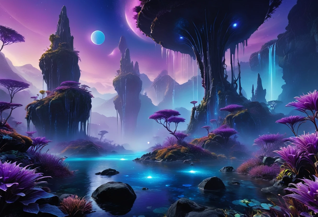 (an alien landscape),vibrant colors,otherworldly plants and flowers,distant glowing moons in the sky,mysterious floating rocks,bioluminescent creatures,cascading waterfalls,ethereal mist,crystal clear lakes,shimmering purple grasses,huge towering mountains,pulsating energy fields,unusual rock formations,exotic alien architecture,advanced technology merging with nature,eerie silence,purple and blue hues,soft and diffused lighting,sharp and surreal details,high contrast and dynamic range,surreal and dreamlike atmosphere,ultra-detailed and hyper-realistic textures,masterpiece:1.2